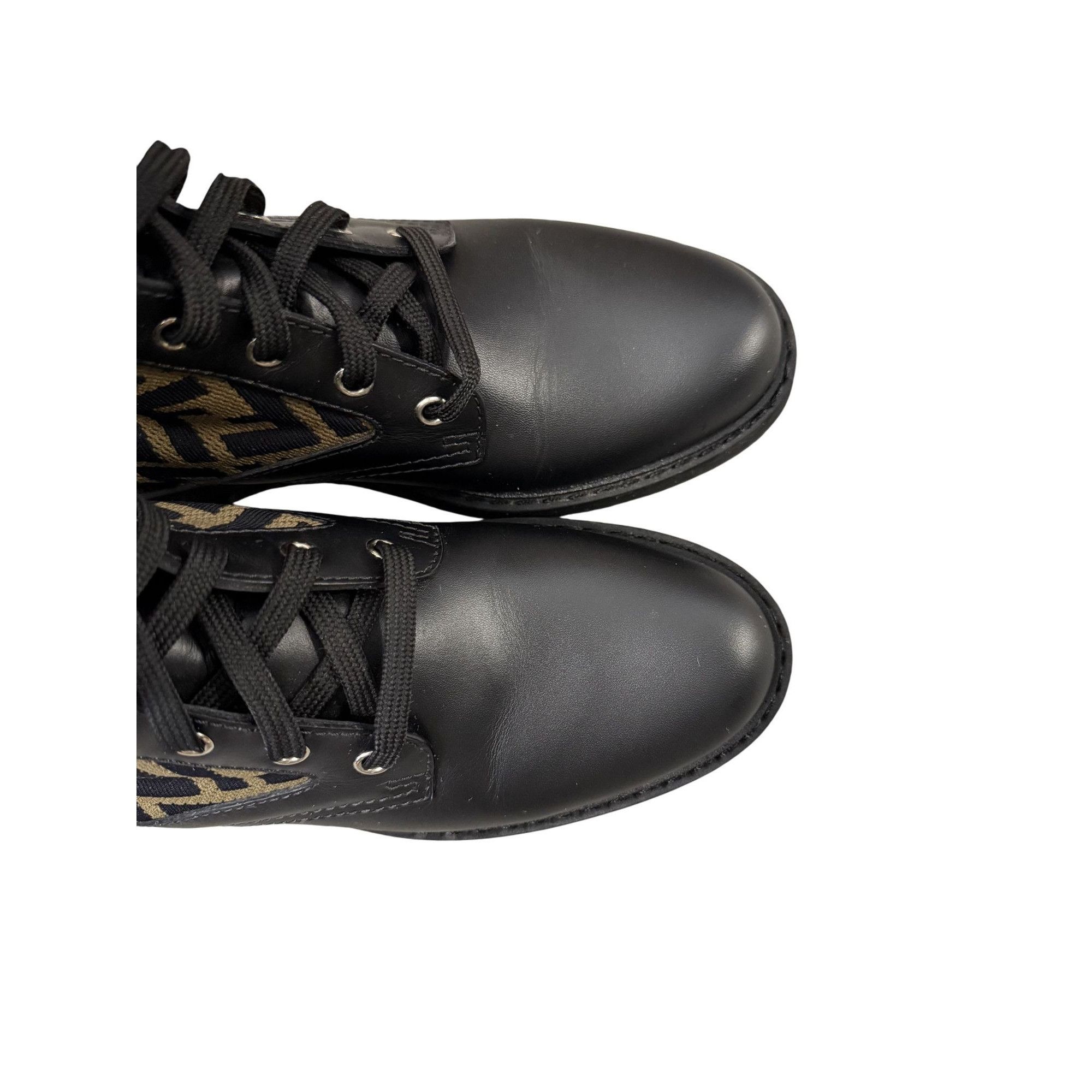 Fendi Fendi FF Logo Print Black Leather & Knit Lace-Up Combat Boot Size US 9 / IT 39 - 6 Thumbnail