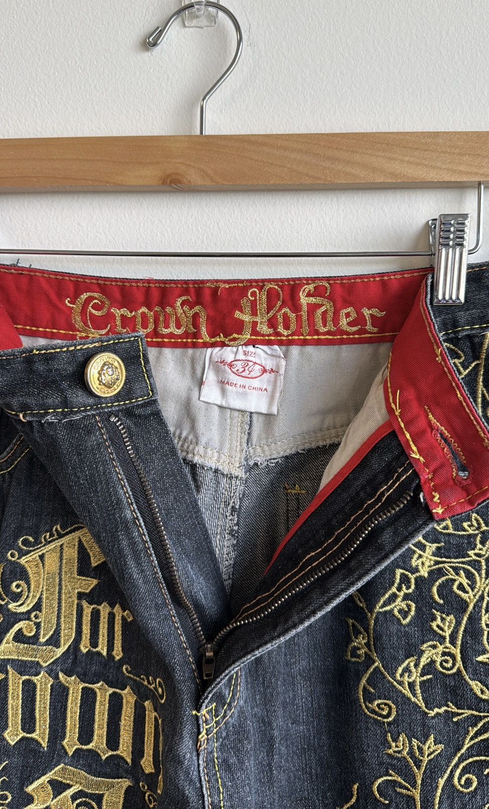 Designer × Vintage Crown Holder Y2K Embroidered Baggy Jeans Size US 34 / EU 50 - 8 Thumbnail
