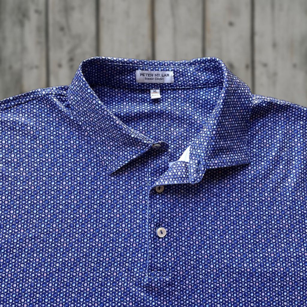 Peter Millar Peter Millar Polo Shirt Mens XL Blue Summer Comfort Golf Regular Short Sleeve Collared Geometric Pattern Sports Preppy Dog American Stretch Size US XL / EU 56 / 4 - 1 Thumbnail