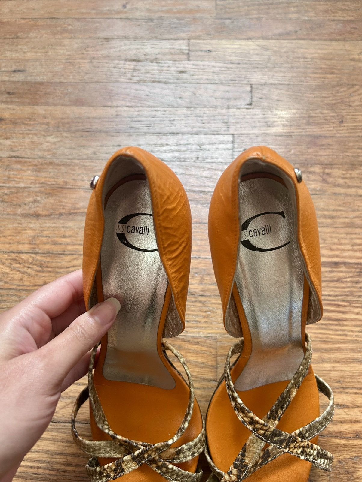 Roberto Cavalli Roberto Cavalli Orange & Black Heels with Snakeskin Straps Size US 7.5 / IT 37.5 - 8 Thumbnail