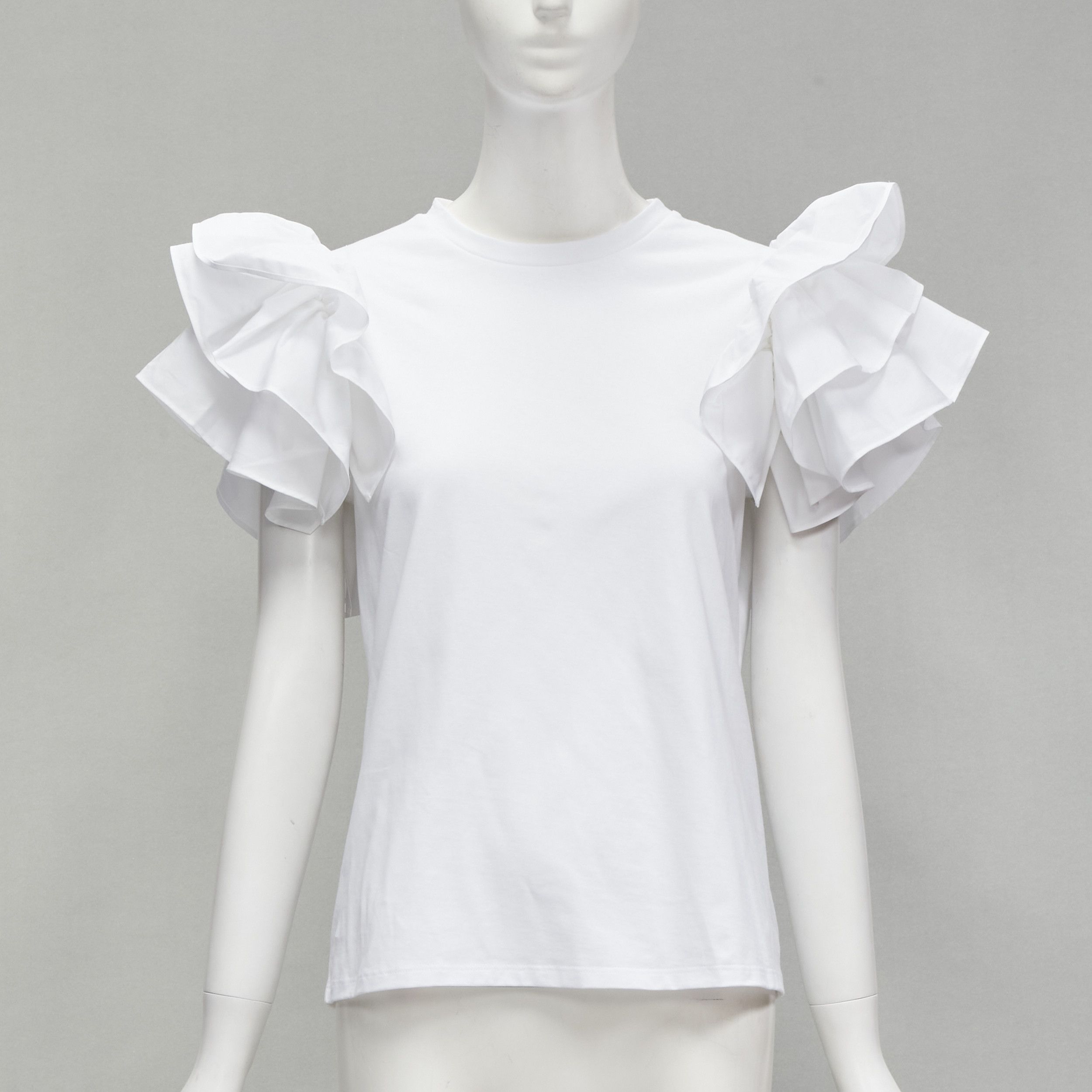 ALEXANDER MCQUEEN white cotton ruffle sleeve crew neck tshirt IT38 XS