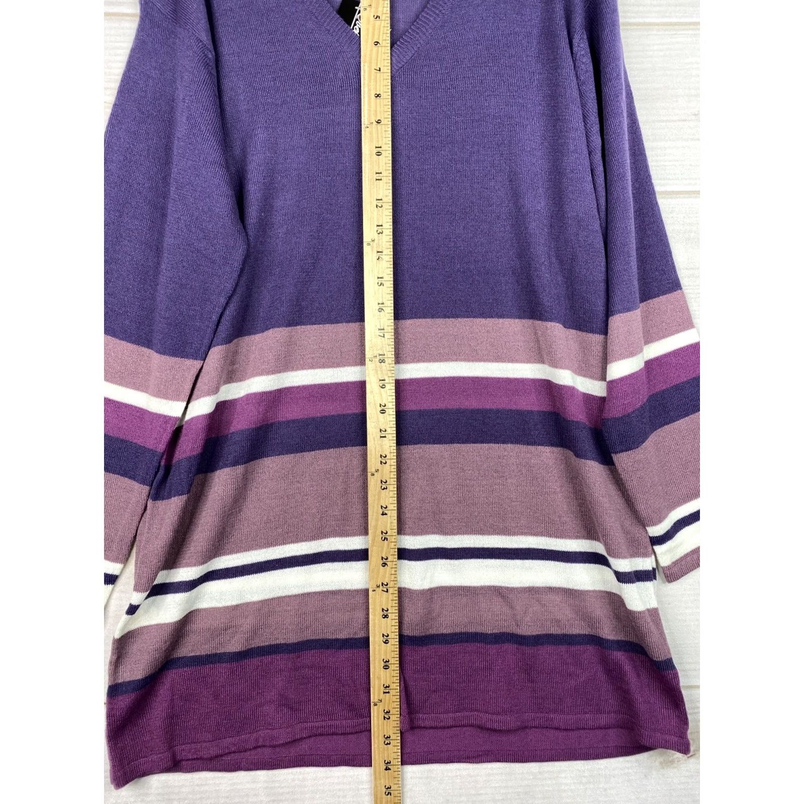Vintage Evelyn Taylor Sweater Womens 2X Purple Striped Pullover V Neck Thin Stretchy NWT Size XXL / US 16-18 / IT 52-54 - 5 Thumbnail