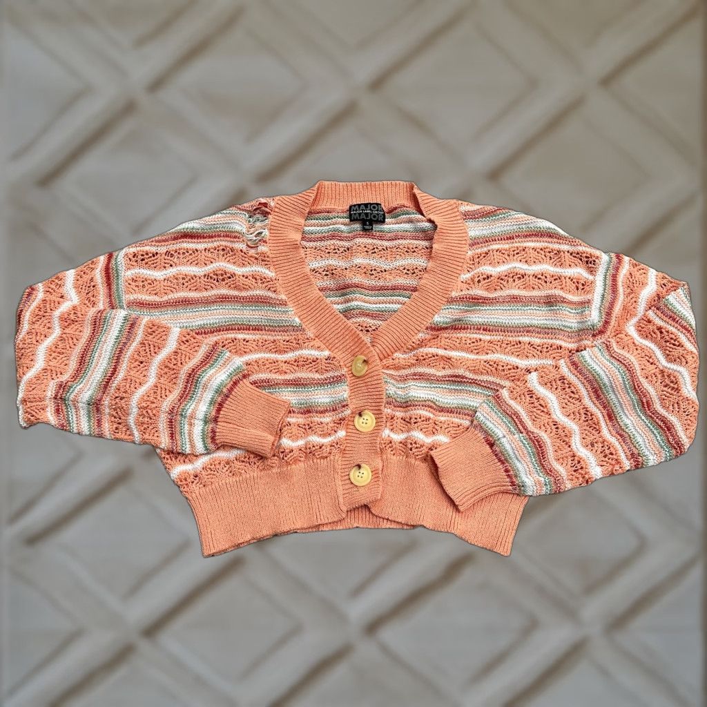 Vintage Major Label Group Cardigan Women S Orange Striped Crochet Cotton Spandex Open-Knit Button Logo Breathable Lightweight Casual Womens Size S / US 4 / IT 40 - 1 Thumbnail