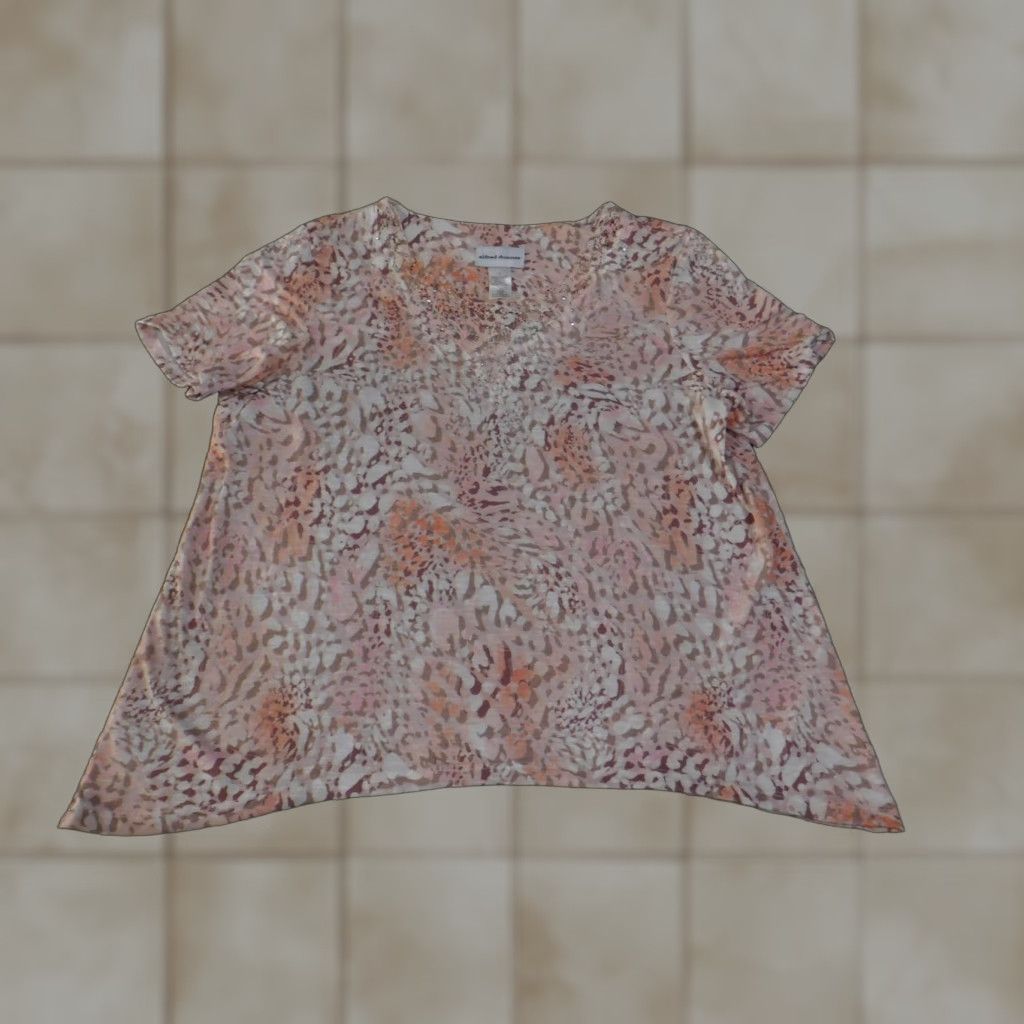 Vintage Alfred Dunner Shirt Womens Large Pink Peach Lace Beaded V Neck Short Sleeve Blouse Size L / US 10 / IT 46 - 1 Thumbnail