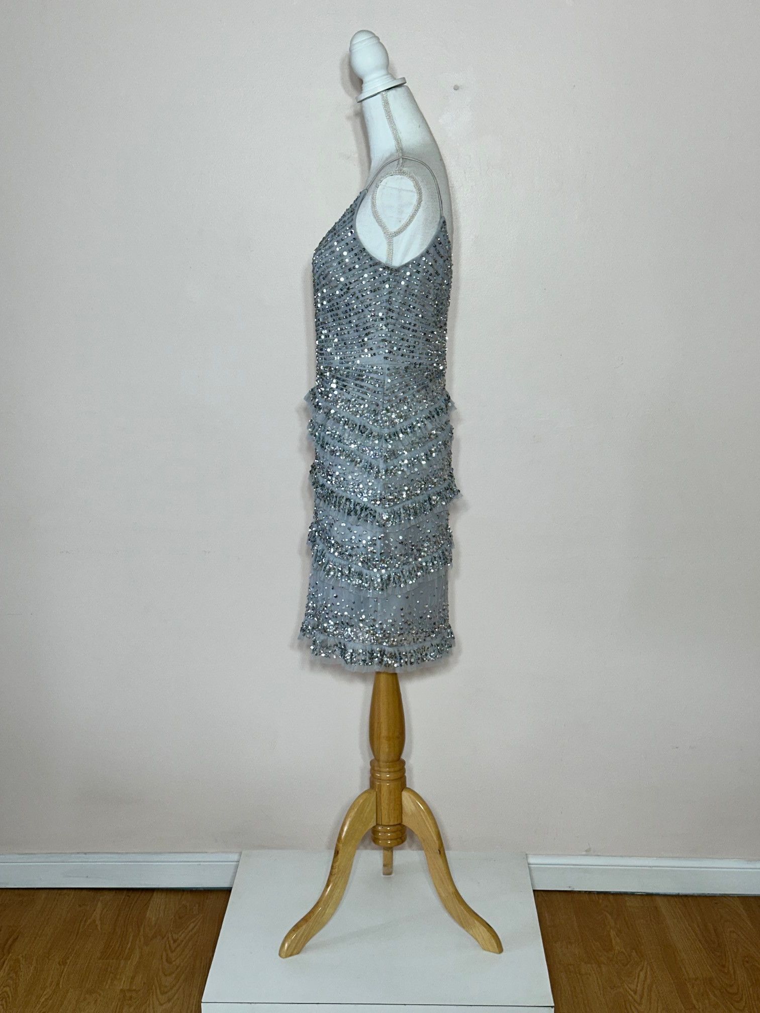 Adrianna Papell Silver Sequined on Ruffled Net Mini Dress Size M / US 6-8 / IT 42-44 - 6 Thumbnail