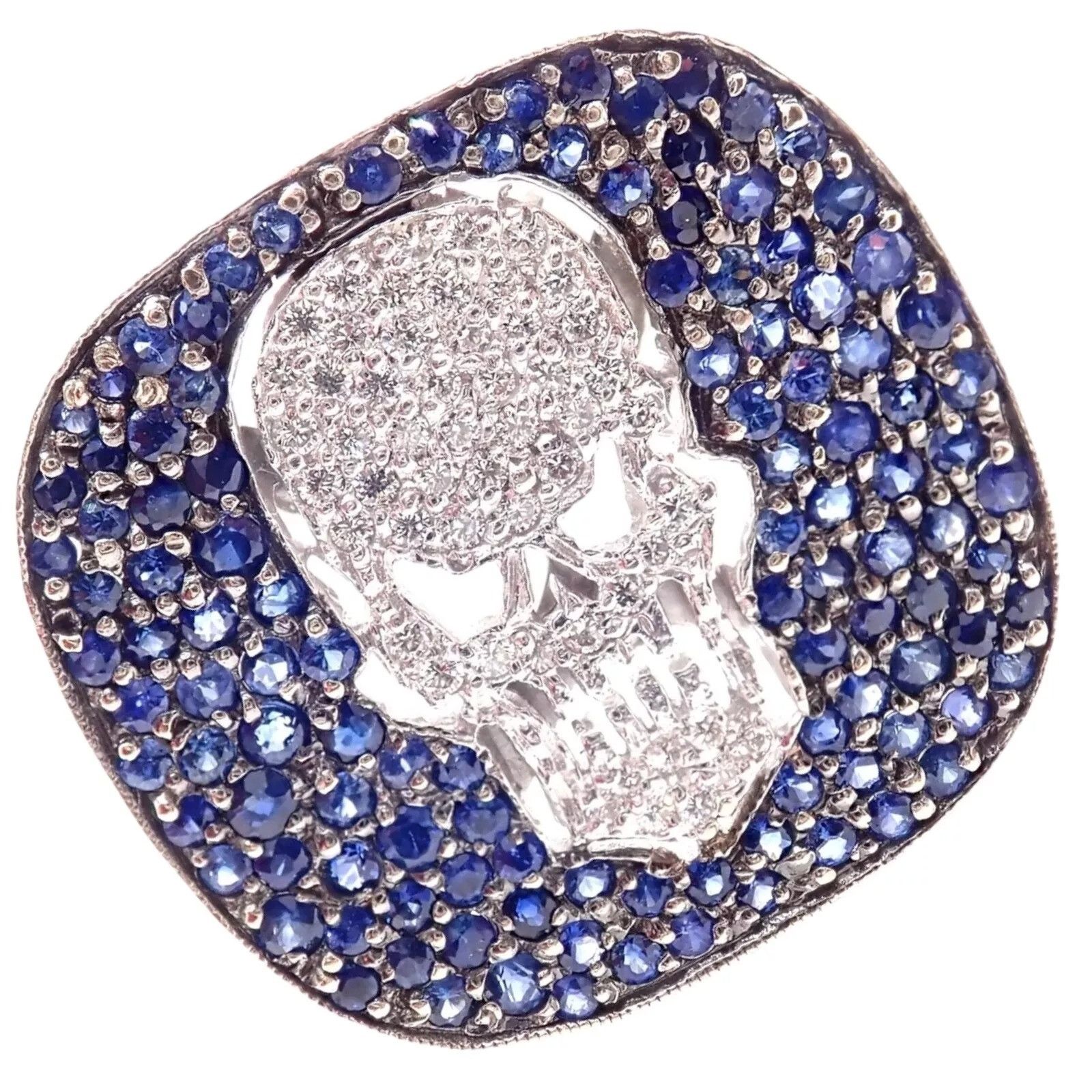 Vintage Loree Rodkin 18k White Gold Diamond Sapphire Skull Ring Size ONE SIZE - 1 Thumbnail