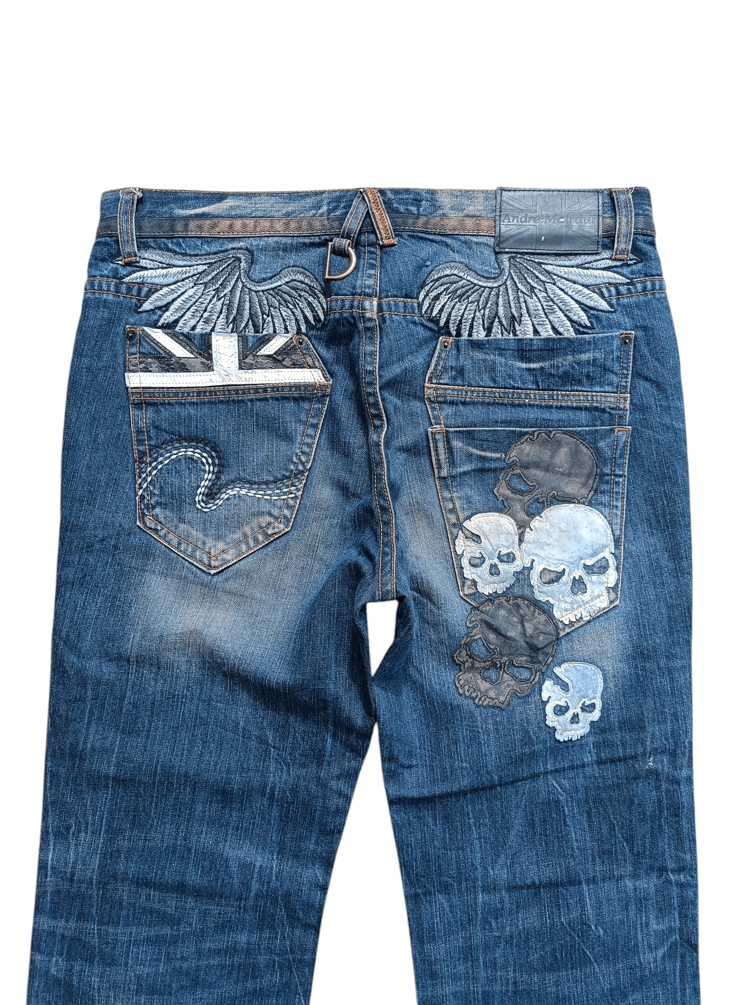 RARE Andre Malraur Distressed Skull + Embroidery Angel Denim