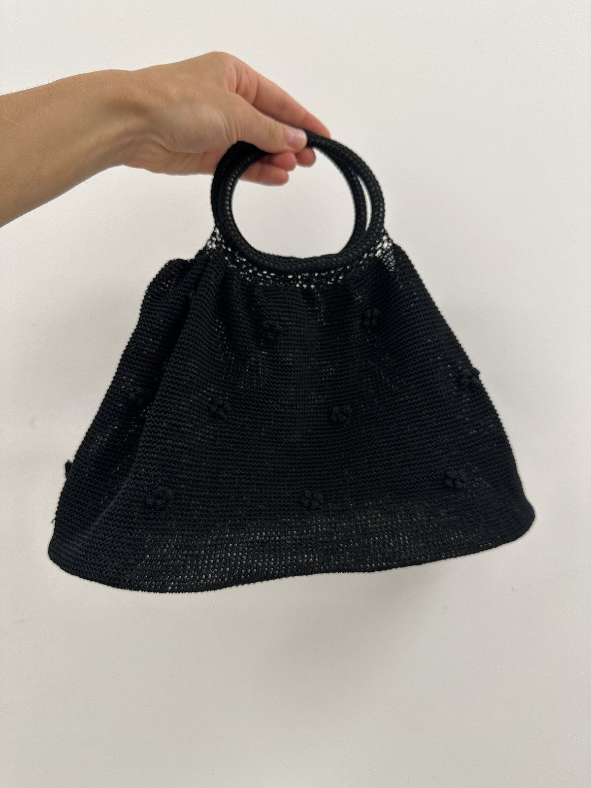 Handmade Hand Made Knit Hand Bag Black Crochet Flowers Size ONE SIZE - 4 Thumbnail