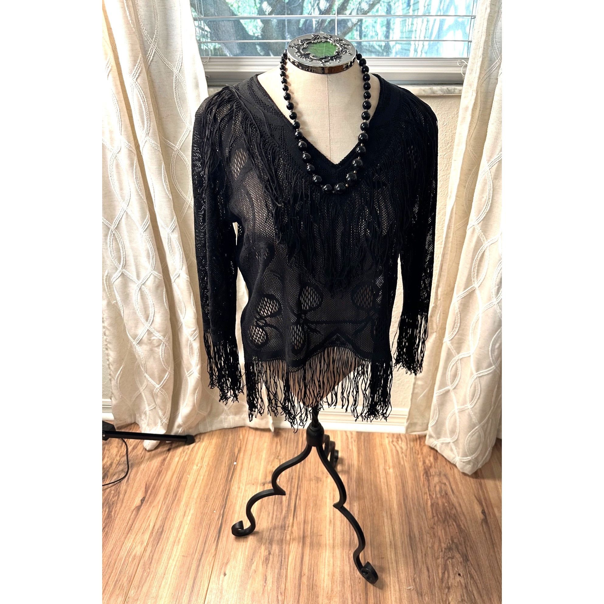 Japanese Brand VTG 1950 Black handwoven open knit blouse M floral lace Pa Size M / US 6-8 / IT 42-44 - 1 Thumbnail