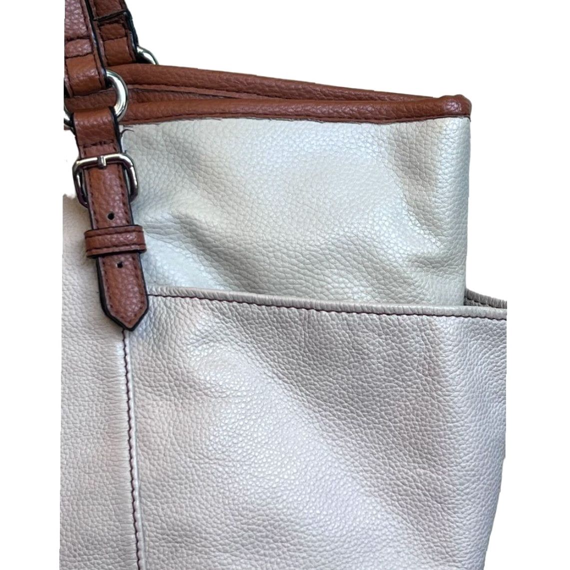 Vintage VINTAGE Tignanello Beige Large Vegan Leather Tote Bag Purse Pebbeled Texture Handbag Women Large Beige Tote Bag with Wear on Handles Size ONE SIZE - 3 Thumbnail