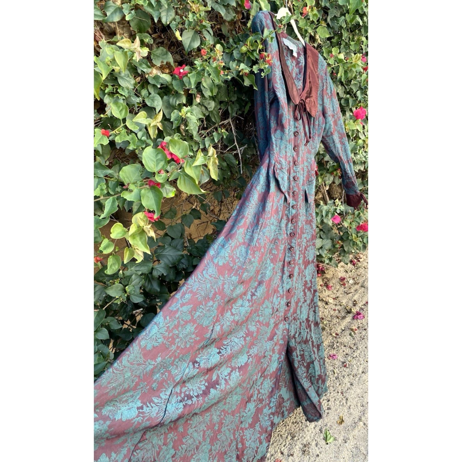 VINTAGE Karen Alexander Maxi Dress 1980s 1990s Floral Jacquard Burgundy Green USA 8 Red Bohemian Shirt?