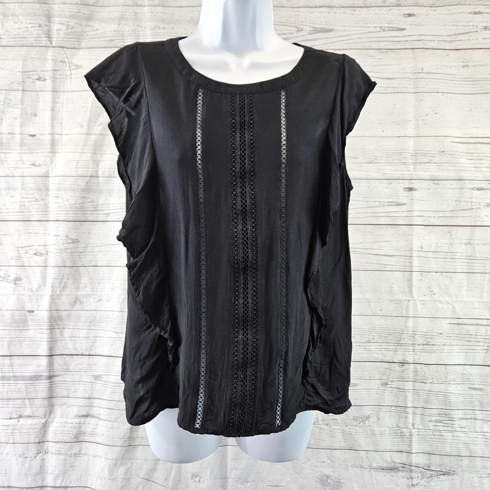 Ann Taylor Ann Taylor LOFT Womens Blouse Sz M Solid Black Round Neck Rayon Ruffle Size M / US 6-8 / IT 42-44 - 2 Thumbnail