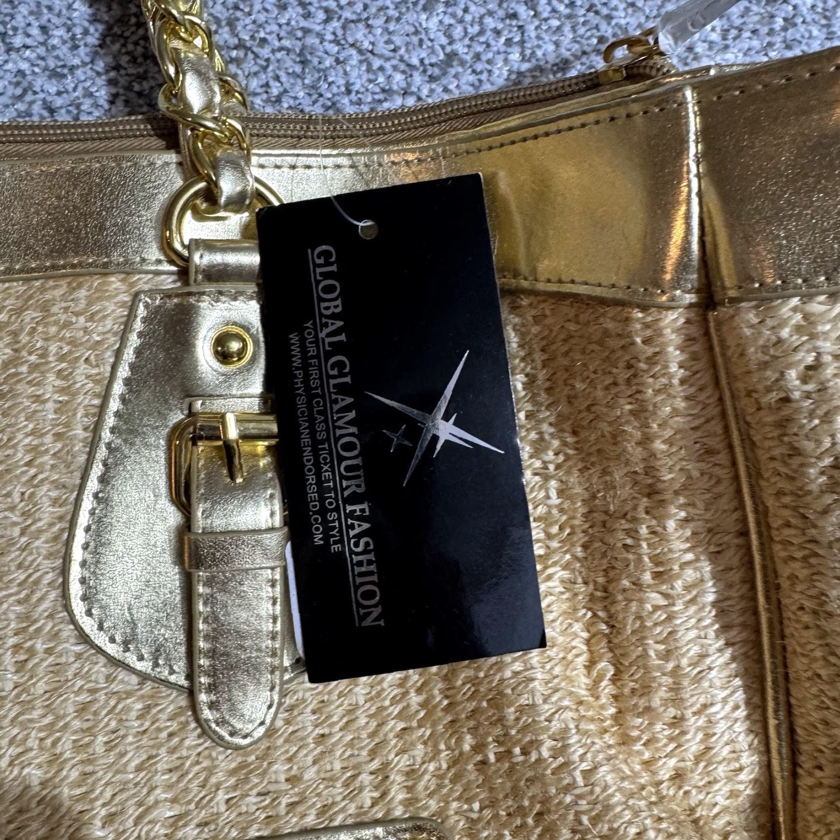 Vintage Y2K Boho Chic Woven Tote Bag Womens Gold Sparkly Metallic Chain Strap Tote Bag Size ONE SIZE - 2 Thumbnail