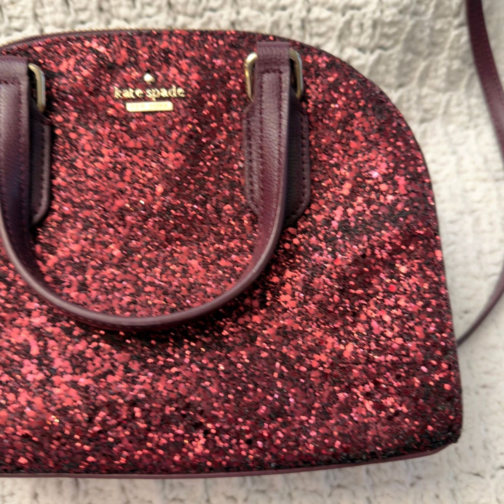 Vintage VINTAGE Kate Spade Satchel Bag Cross-Body Purse Burgundy Glitter Leather Trim Small Women’s Size ONE SIZE - 2 Thumbnail