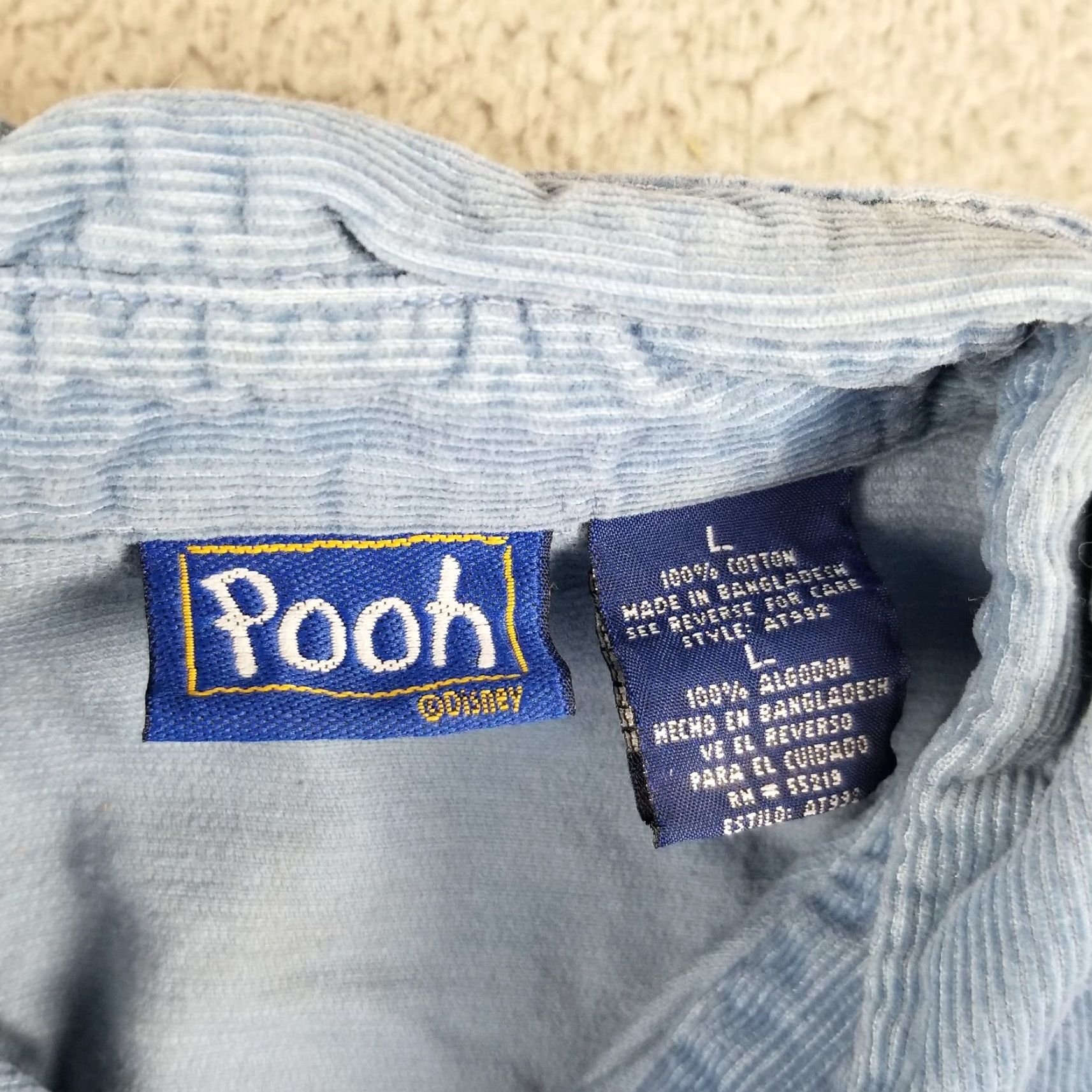 Disney VINTAGE Winnie the Pooh Eeyore Button-Up Shirt Corduroy Long Sleeve Adult Large Blue 90s Unisex Size L / US 10 / IT 46 - 3 Thumbnail