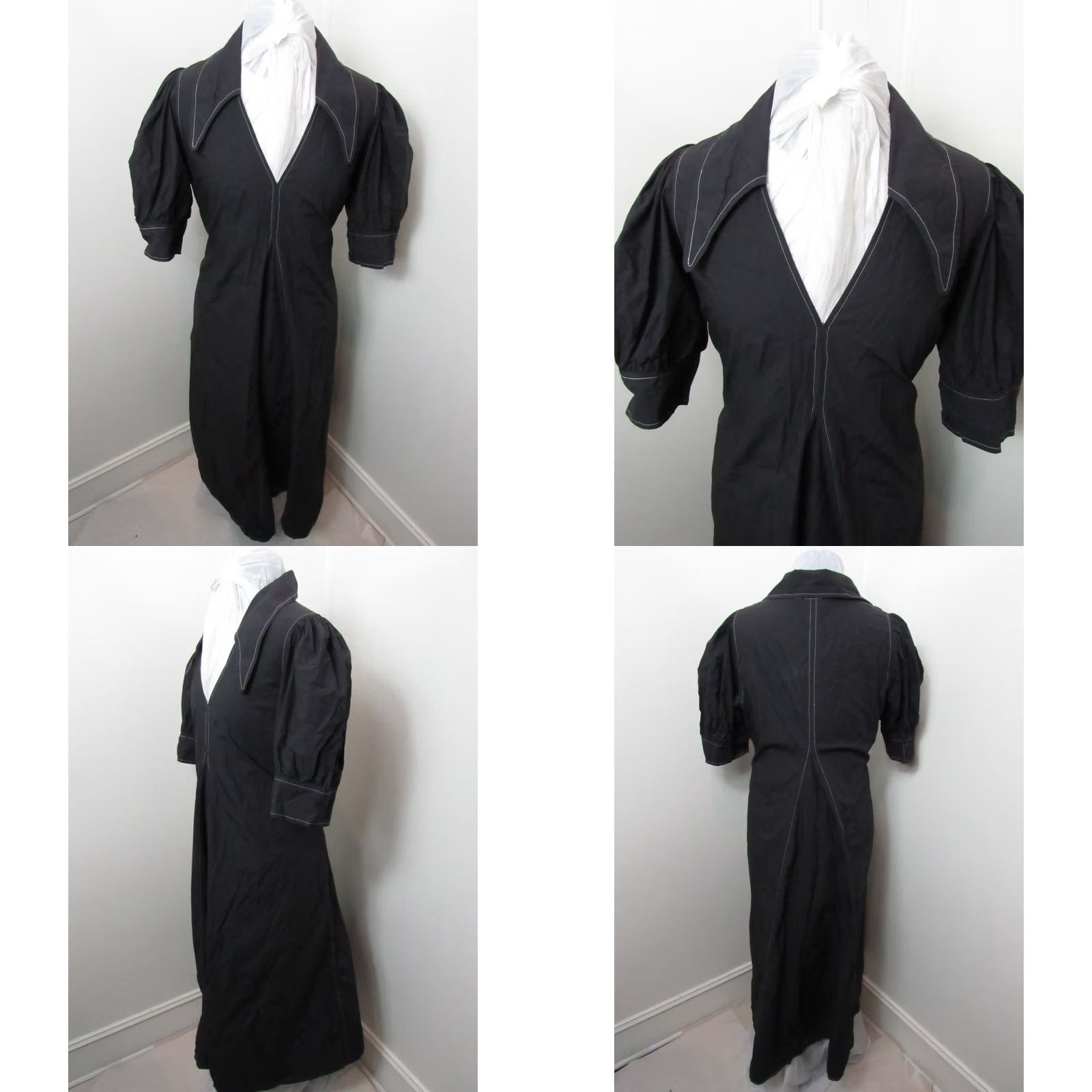 Ganni GANNI Dress Midi Black White Stitching Puff Sleeve V-Neck Pullover Large Women Regular Dress Size L / US 10 / IT 46 - 8 Thumbnail