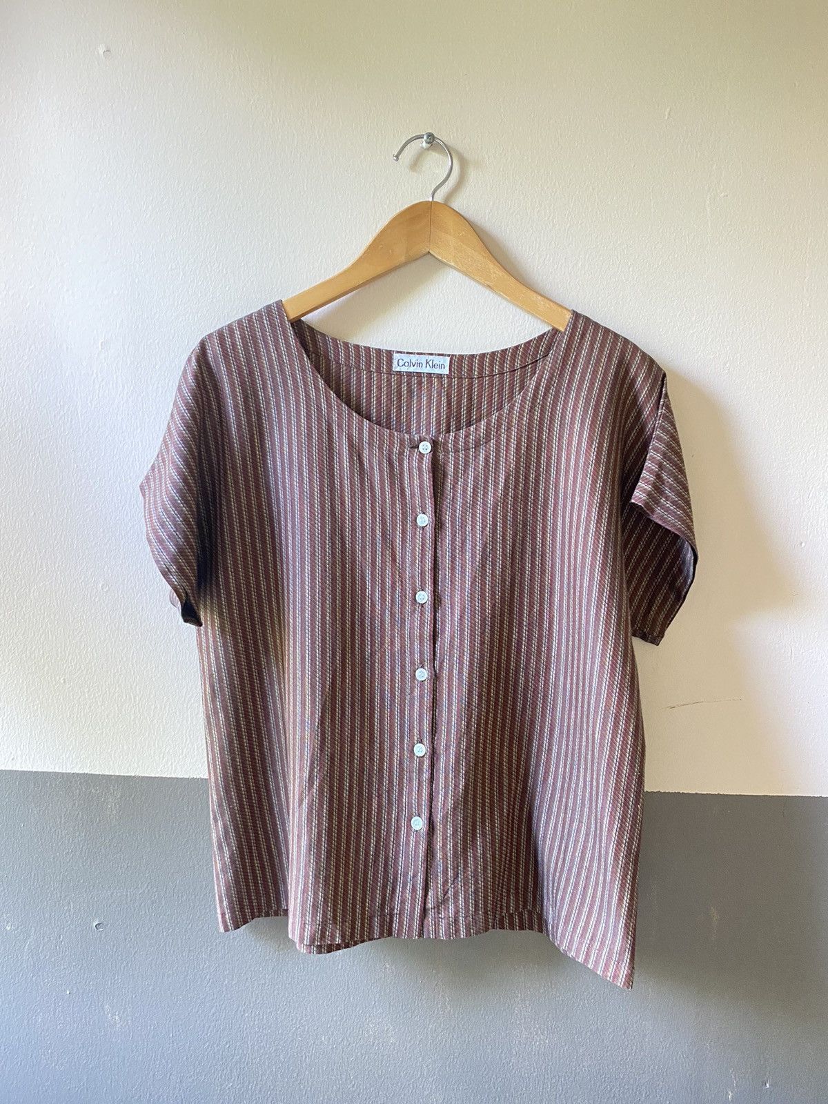 Calvin Klein Calvin Klein Brown Striped Button Top Size L / US 10 / IT 46 - 1 Thumbnail