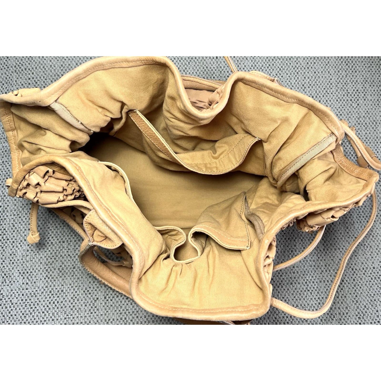 Jean Paul Gaultier NICE! Jean Paul Gaultier Tan Leather Netting Bucket Bag Shoulder Bag Women Large Beige Canvas Lining Bag Charm 14” tall 15” wide 5” deep 9” strap drop Size 36" / US 14 / IT 50 - 6 Thumbnail