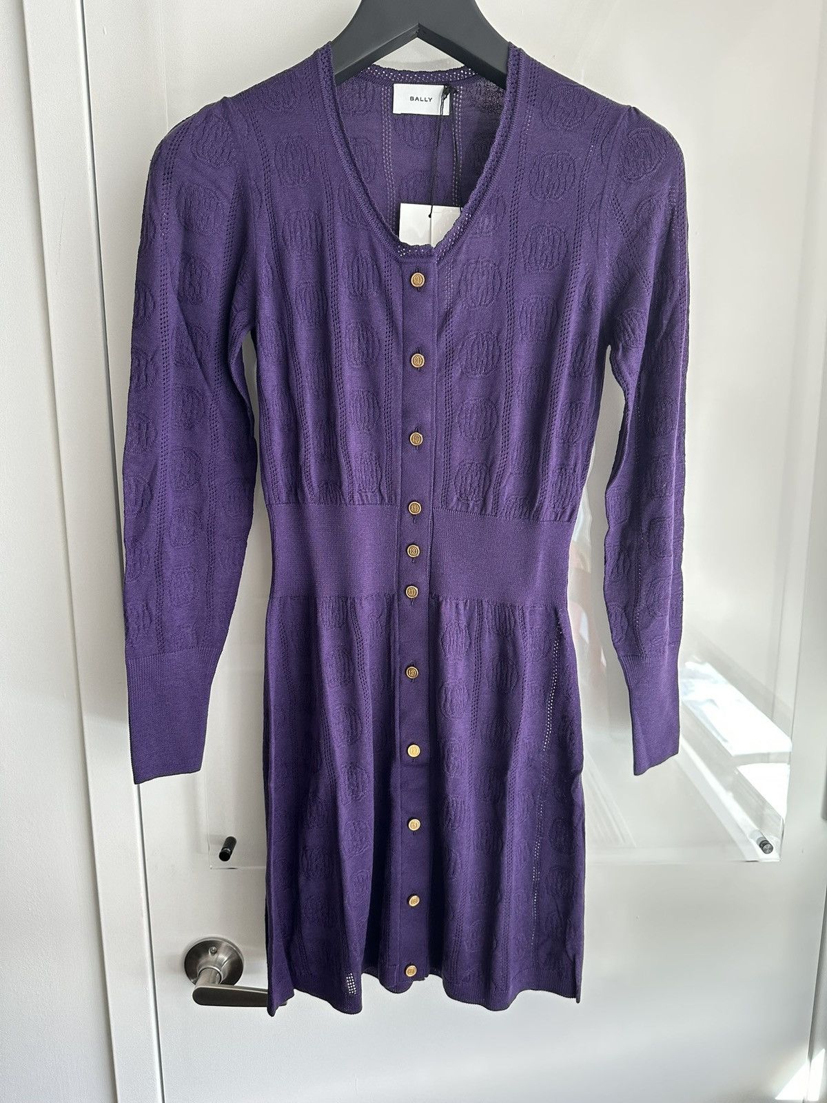 Button Front Woven Logo Knit Long Sleeve Dress