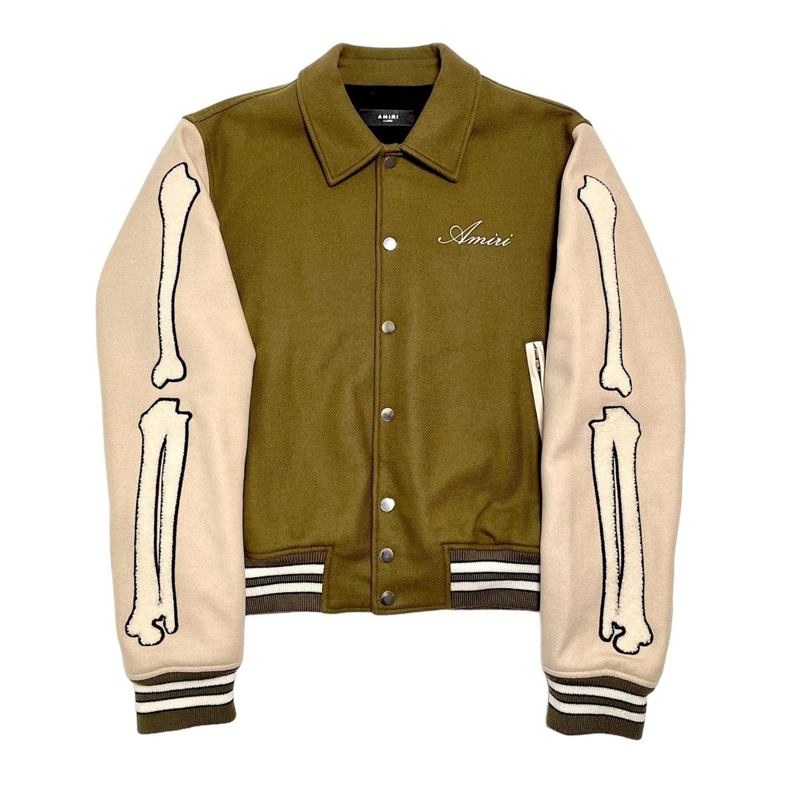 image of Amiri Bones Varsity Jacket Olive Cream, Men's (Size XL)