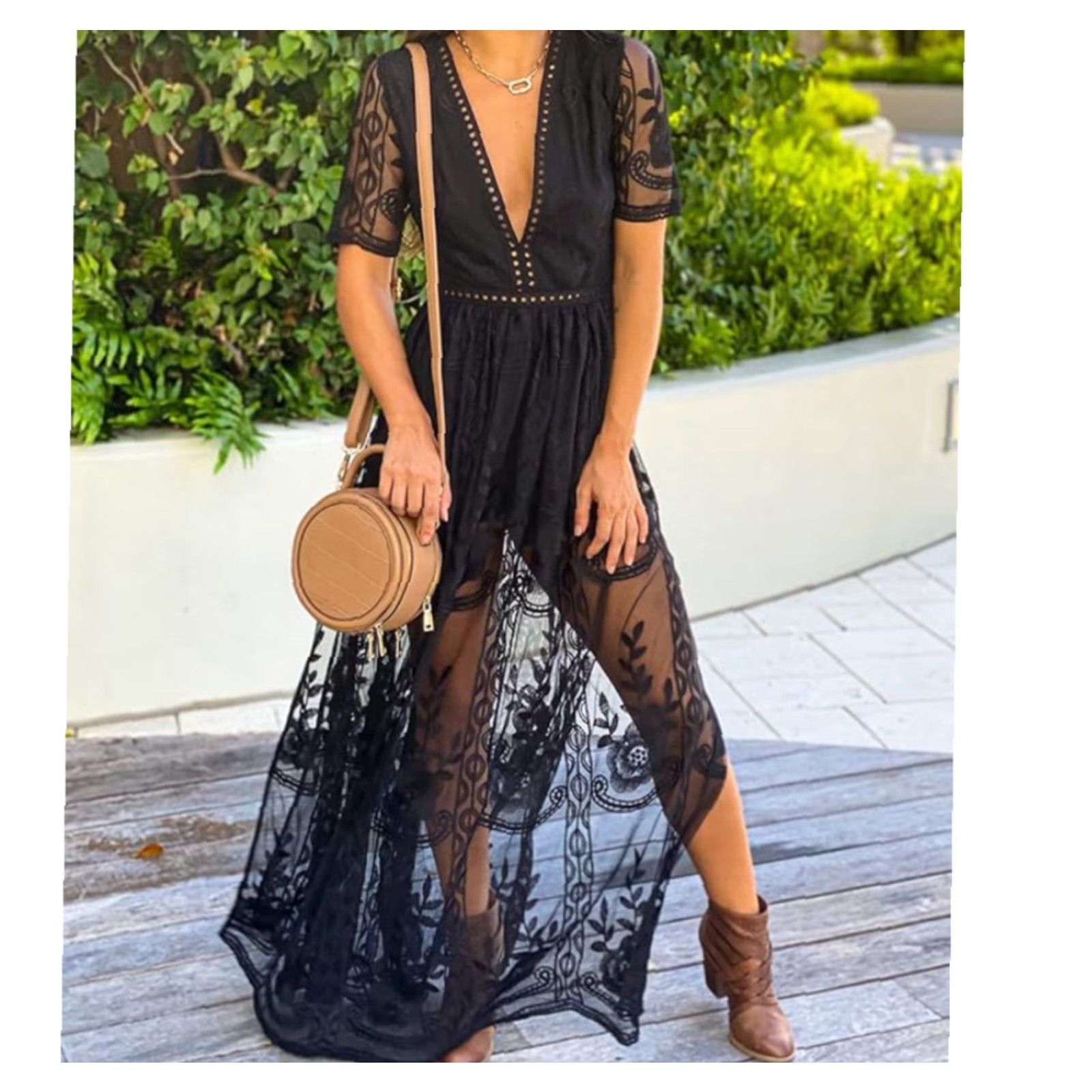 Vintage Eleter Womens Black Deep V-Neck Lace Romper Short Sleeve Long Dress-Size S Size 28" / US 6 / IT 42 - 2 Thumbnail