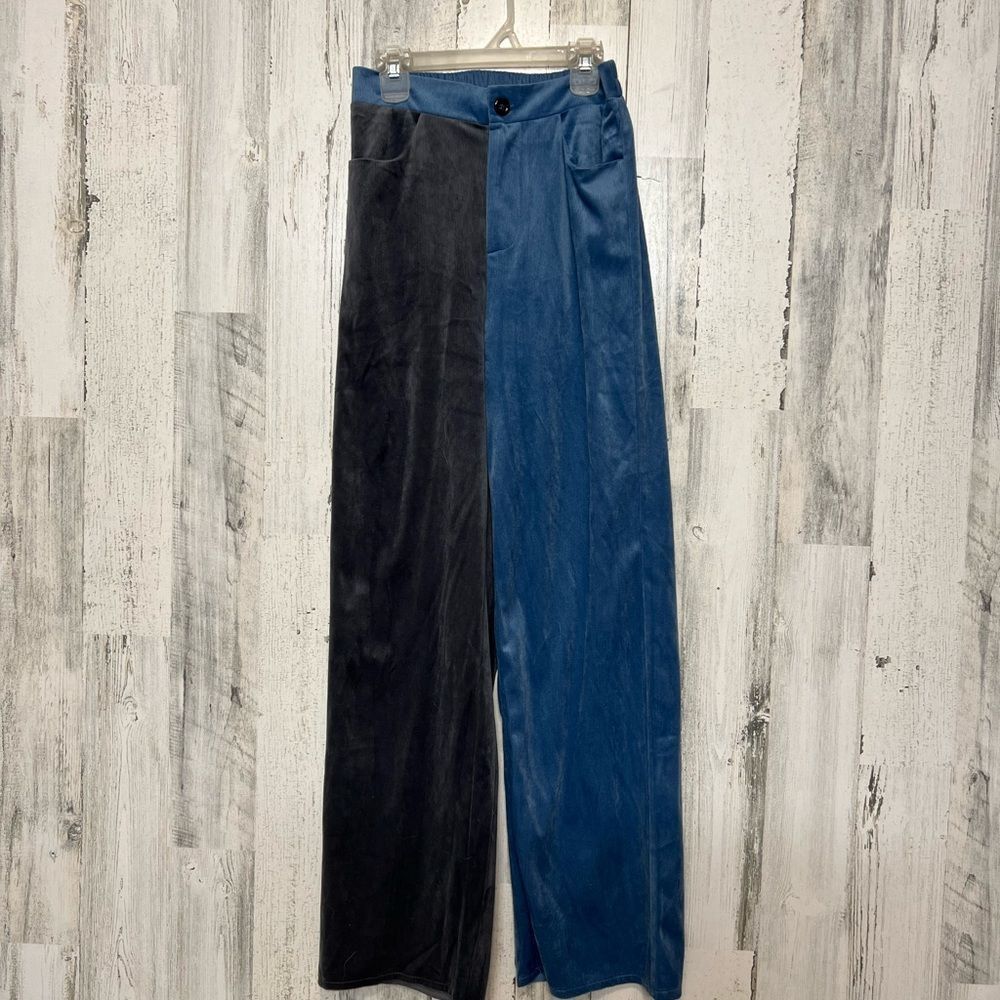 Shein Blue & Black Colorblock Velvet Pants – Wide Leg High Waist Size Small Size 26" / US 2 / IT 38 - 2 Thumbnail