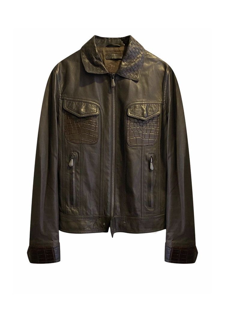 image of Bottega Veneta Leather Crocodile Inserts Biker Jacket Brown, Men's (Size Medium)
