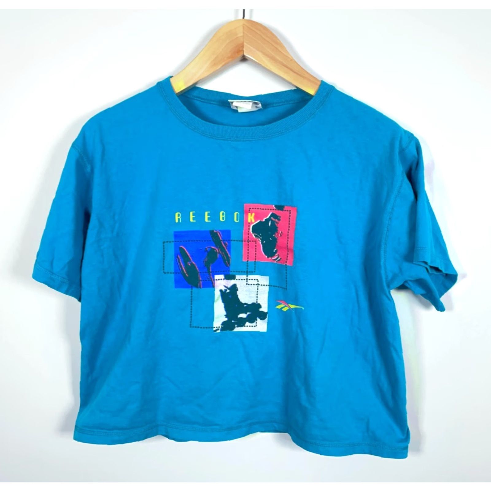 Reebok VINTAGE Reebok Cropped T-Shirt Adult Large Neon Blue USA Made Retro Double Sided Size L / US 10 / IT 46 - 2 Thumbnail