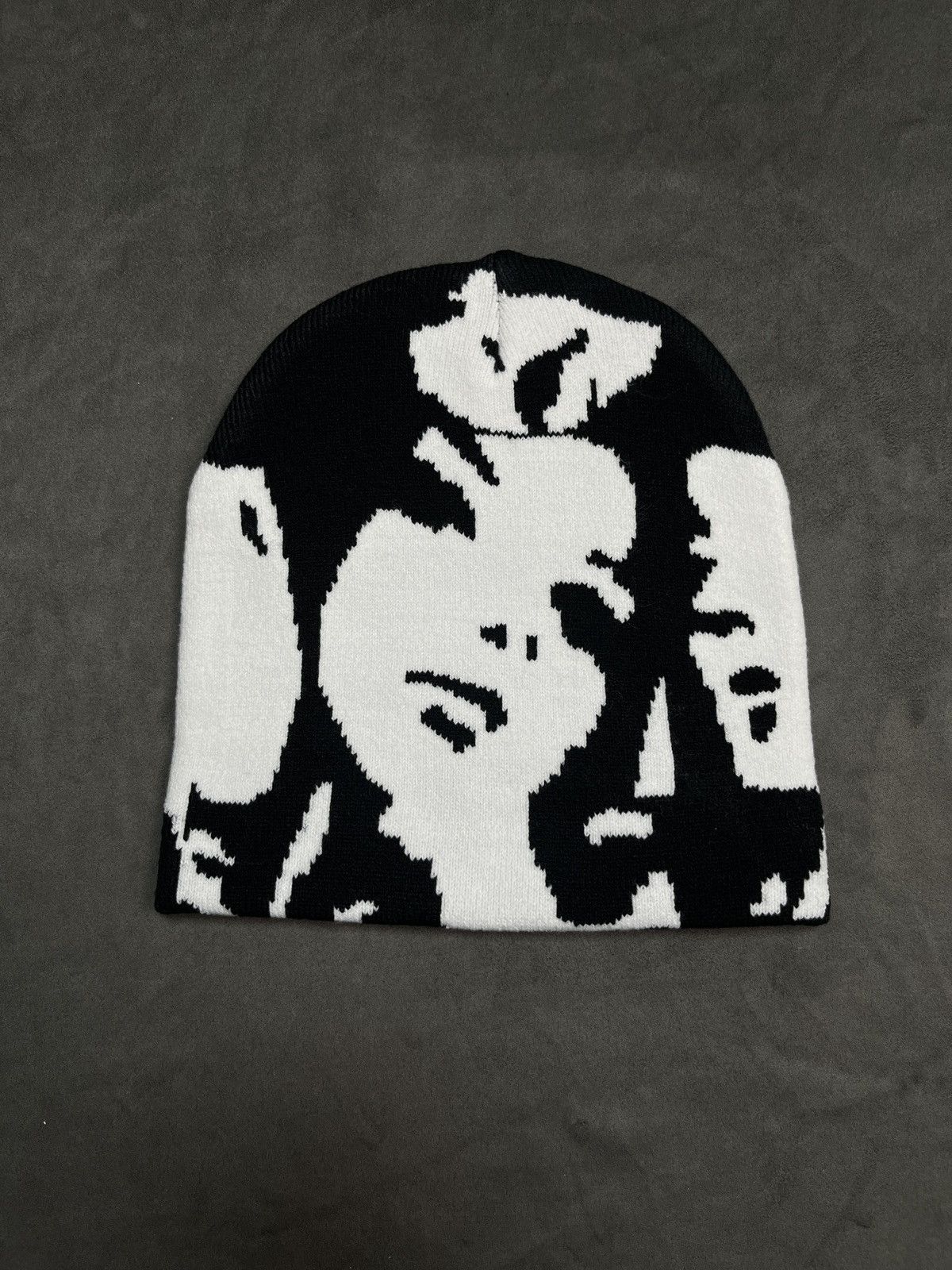 Japanese Brand Deadstock Ghost Faces Graphic No Cuff Beanie Hat Black OS Size ONE SIZE - 1 Thumbnail