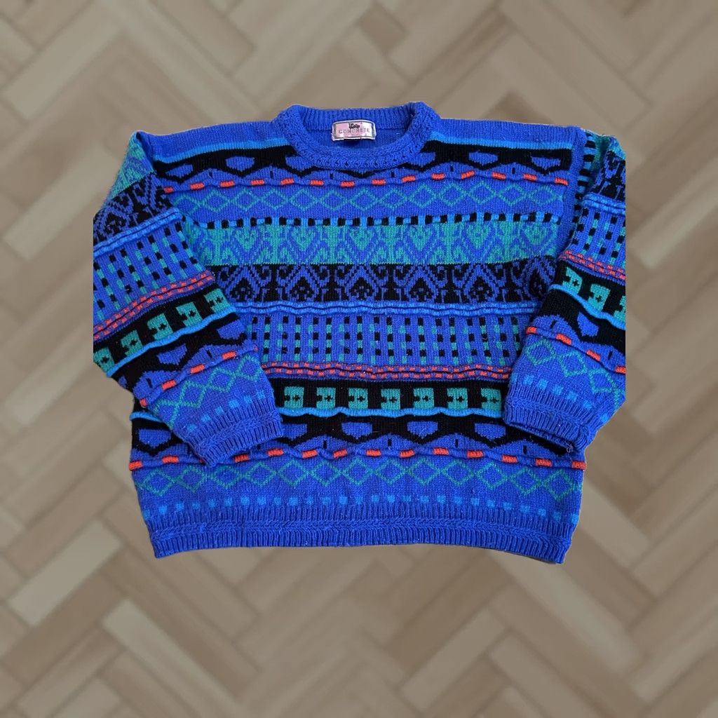 Vintage VINTAGE Concrete Mix Sweater Womens Blue Raglan Sleeve Crew Neck Geometric 80s 90s Bohemian Classic Designer Wool Look? Size L / US 10 / IT 46 - 1 Thumbnail