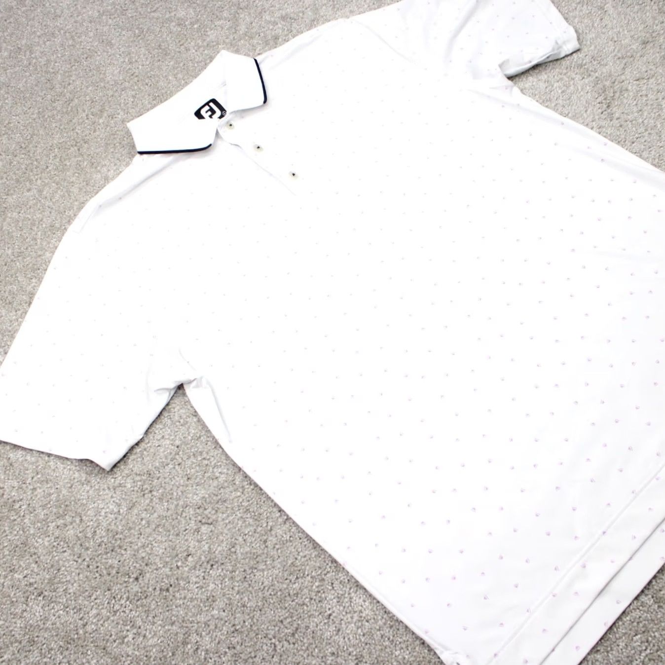 Footjoy FootJoy Polo Shirt Mens Large White All Over Print S/S Geometric 88% Polyester 12% Spandex Golf Sports Size US L / EU 52-54 / 3 - 7 Thumbnail