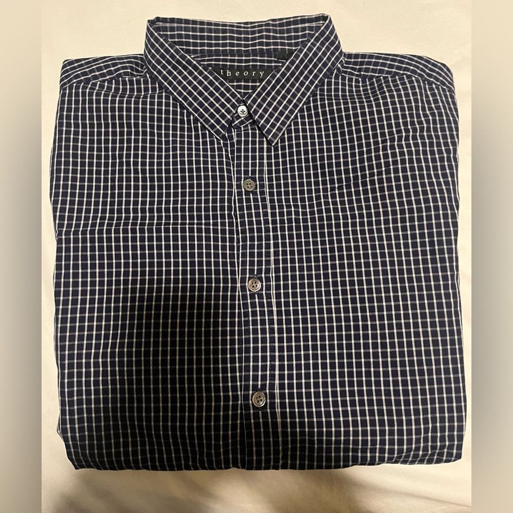 Theory Theory Men's Dark Blue Checkered Button Down Shirt Size US L / EU 52-54 / 3 - 1 Thumbnail