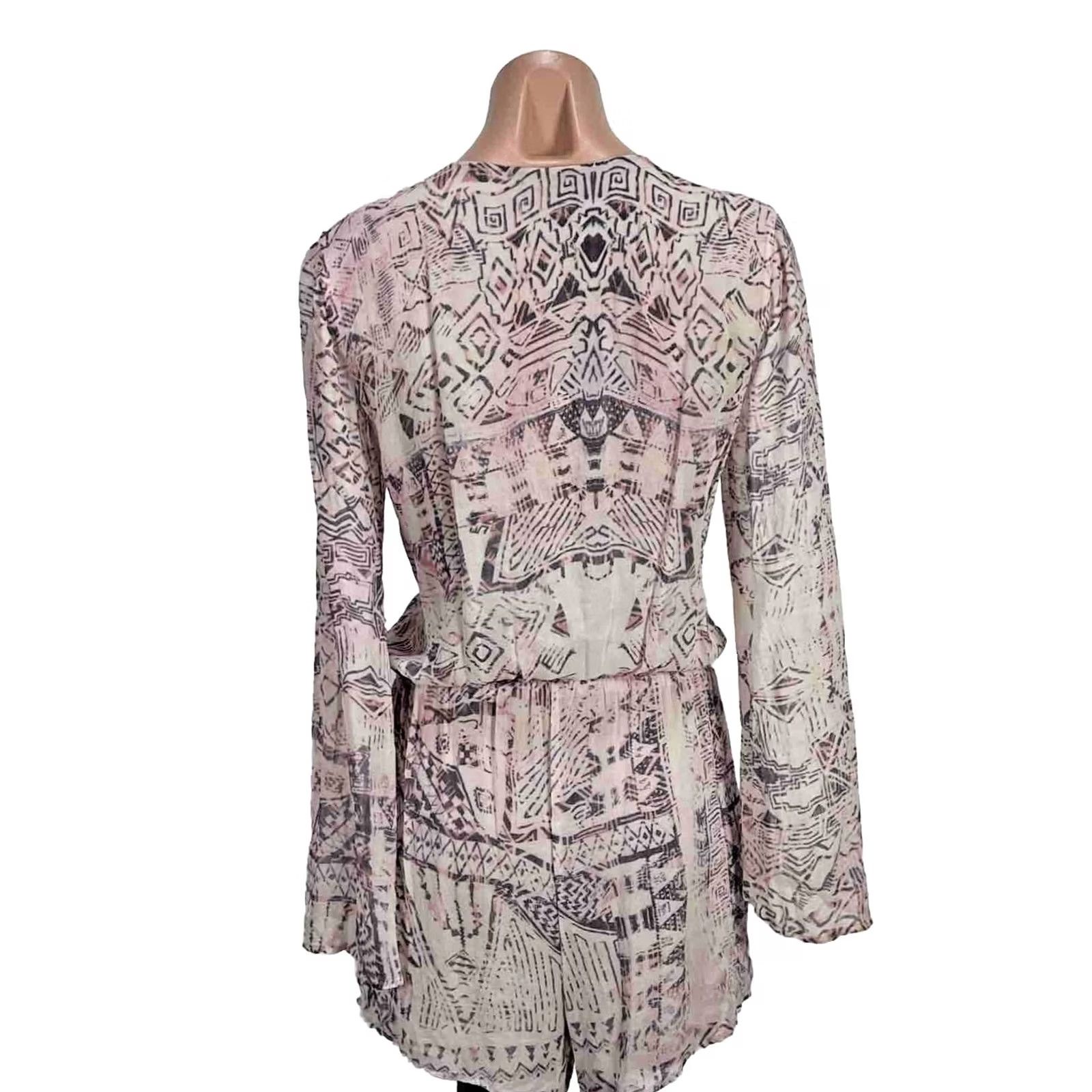 Bell Rory Beca Womens Romper Jumpsuit 0 Pink 100% Silk Geometric V-Neck 3/4 Bell Sleeve One-Piece Size 25" / US 0 / IT 36 - 2 Thumbnail