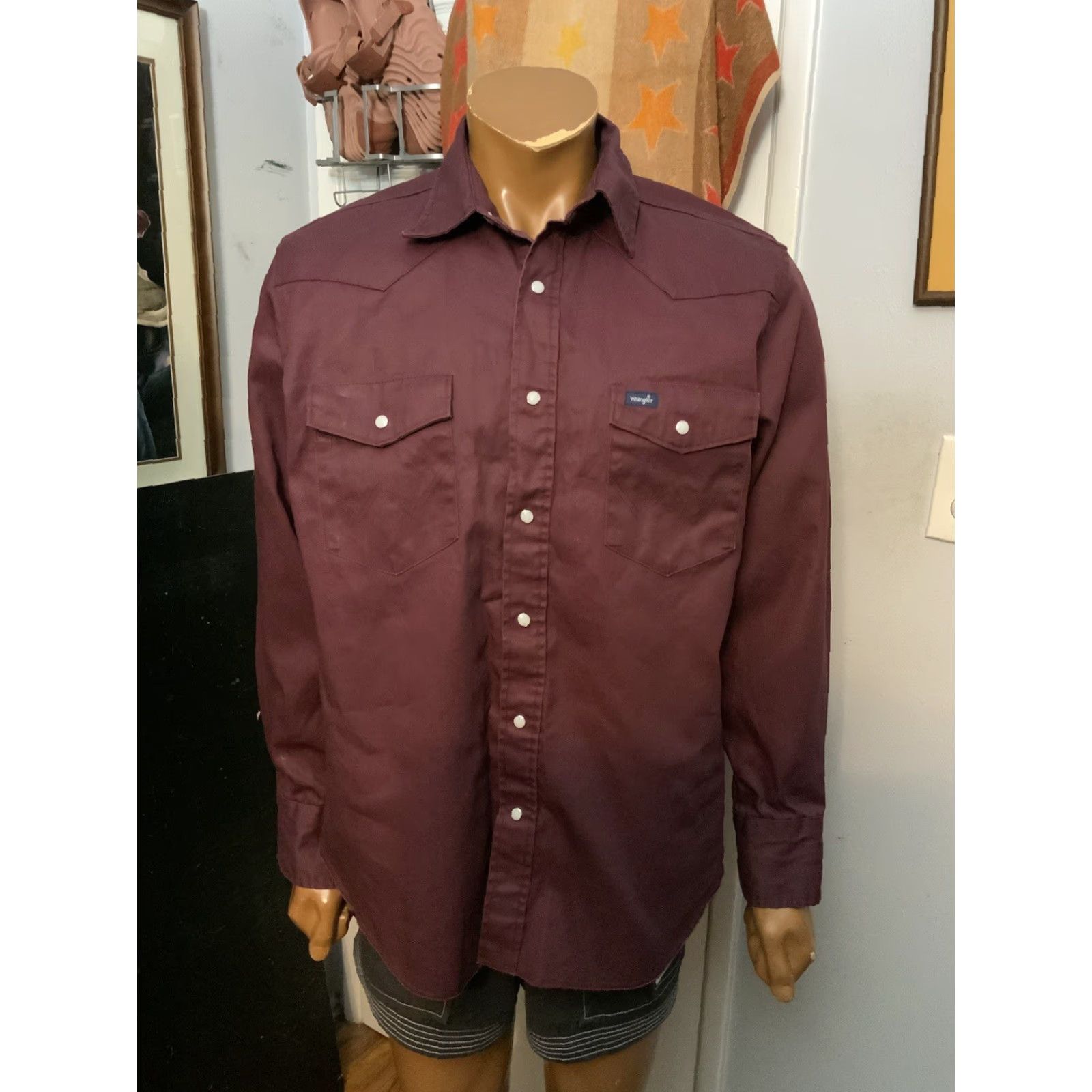 Wrangler VINTAGE Wrangler Brushpopper Pearl Snap Western Cowboy Maroon Button Shirt Sz.LG Size US L / EU 52-54 / 3 - 7 Thumbnail