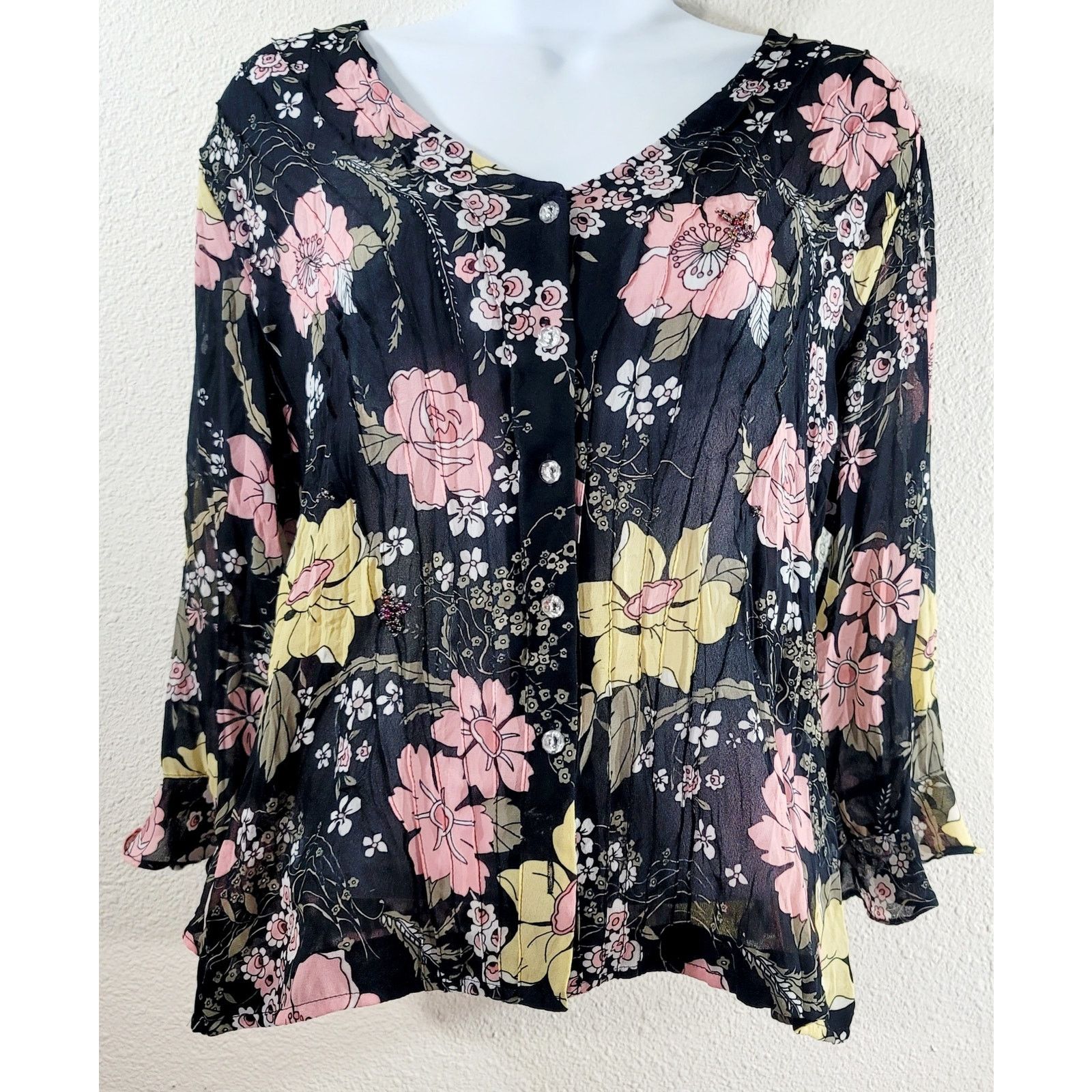 Other Violet & Claire Black Pink Floral Button Pleated Top PL Size L / US 10 / IT 46 - 1 Thumbnail