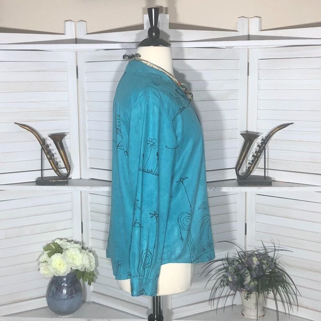 Chicos shirt teal aqua faux suede stick animal Avant Garde Sz L (3) Size L / US 10 / IT 46 - 3 Thumbnail