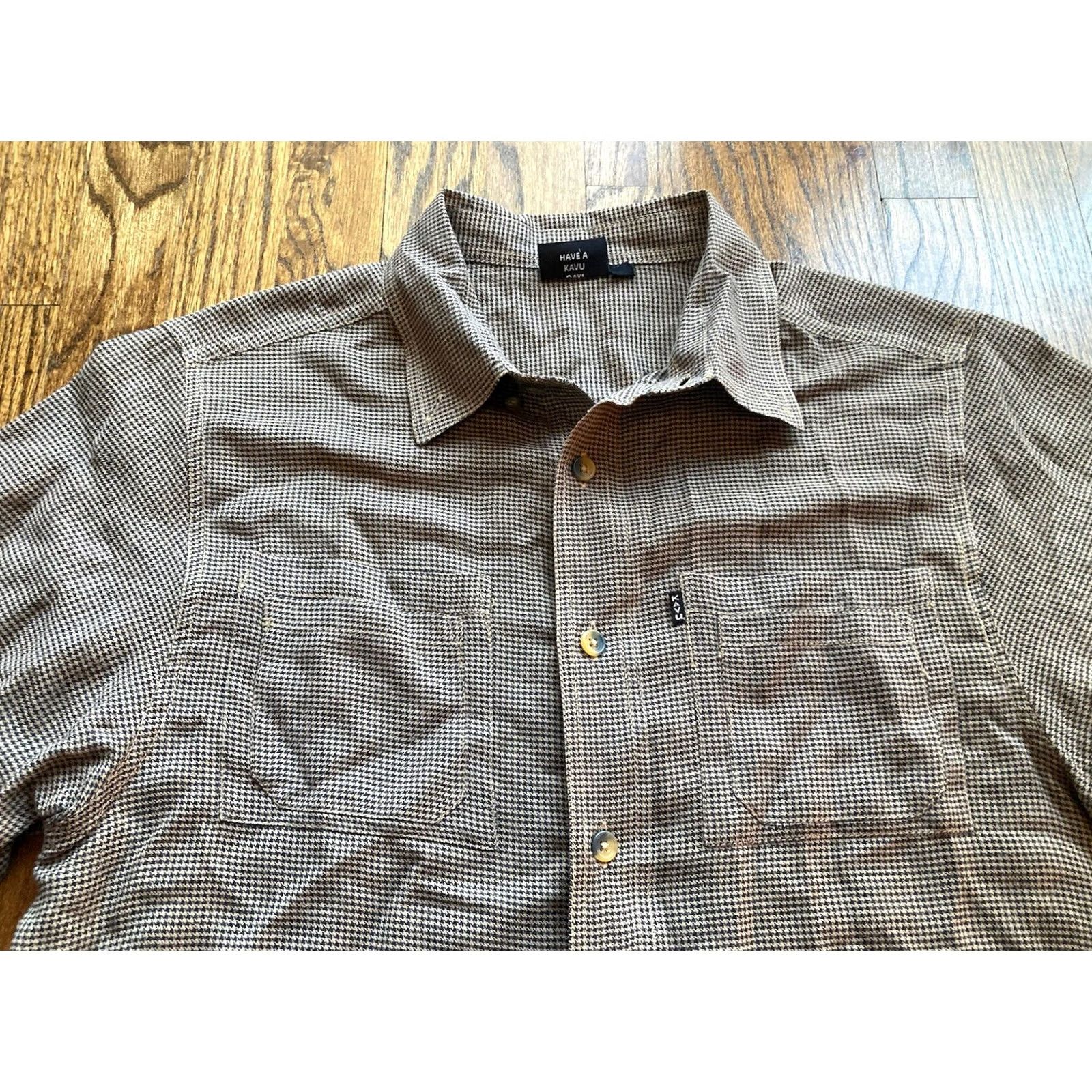 KAVU KAVU Mens Medium Button Up Shirt Long Sleeve Cotton Houndstooth Brown Size US M / EU 48-50 / 2 - 4 Thumbnail
