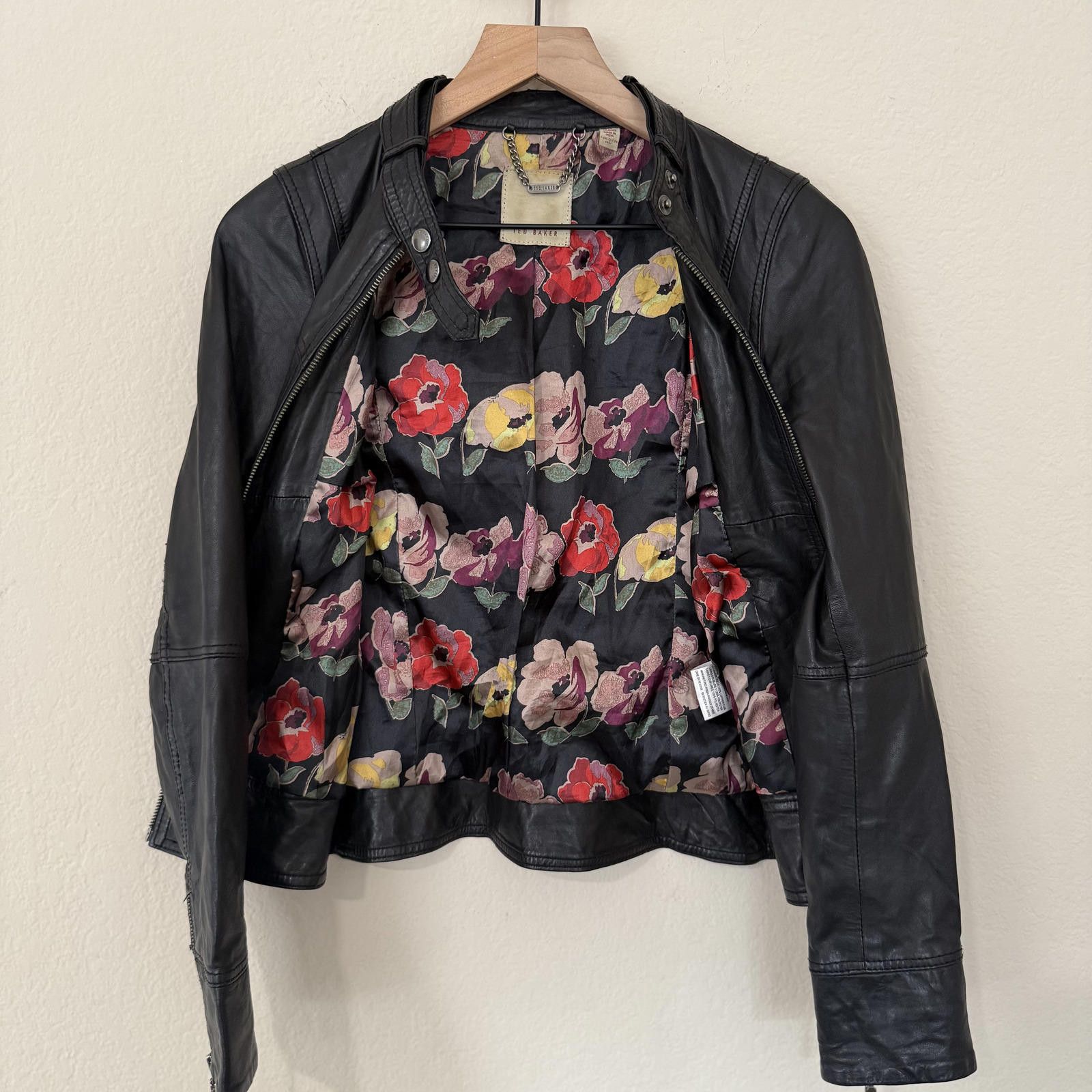 Ted Baker Ted Baker Jacket Women's 1 Black Leather Moto Ruffle Back Size ONE SIZE - 4 Thumbnail