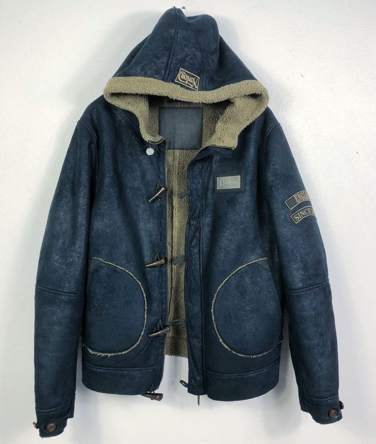 image of Norton Motorcycles Duffle Coat Hoodie Jacket in Dark Blue, Men's (Size Medium)