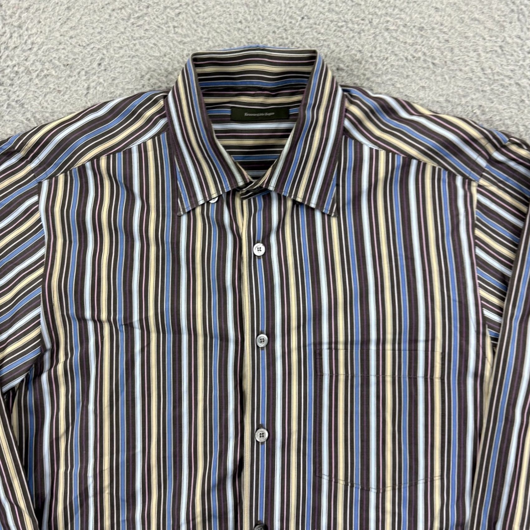 Ermenegildo Zegna Ermenegildo Zegna Shirt Men Large Striped Button Up Designer Preppy Career Beige, Long Sleeve, , Button-Down Size 42R - 3 Thumbnail
