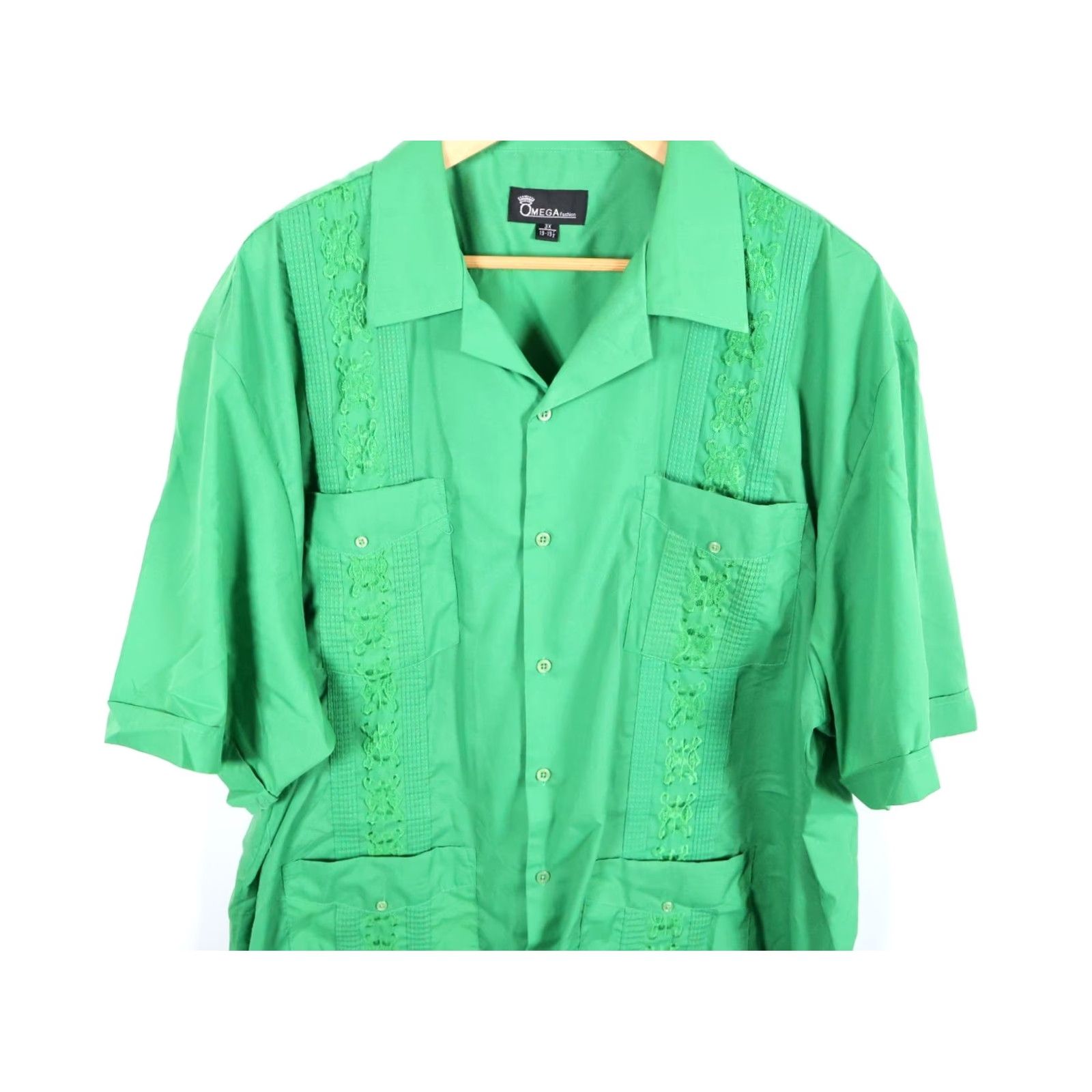 Omega VINTAGE OMEGA Guayabera Shirt Men 3X Green Cotton Blend Pleated Pockets Short Sleeve Button-Up Casual Retro 80s 90s Hipster Size US XXL / EU 58 / 5 - 6 Thumbnail