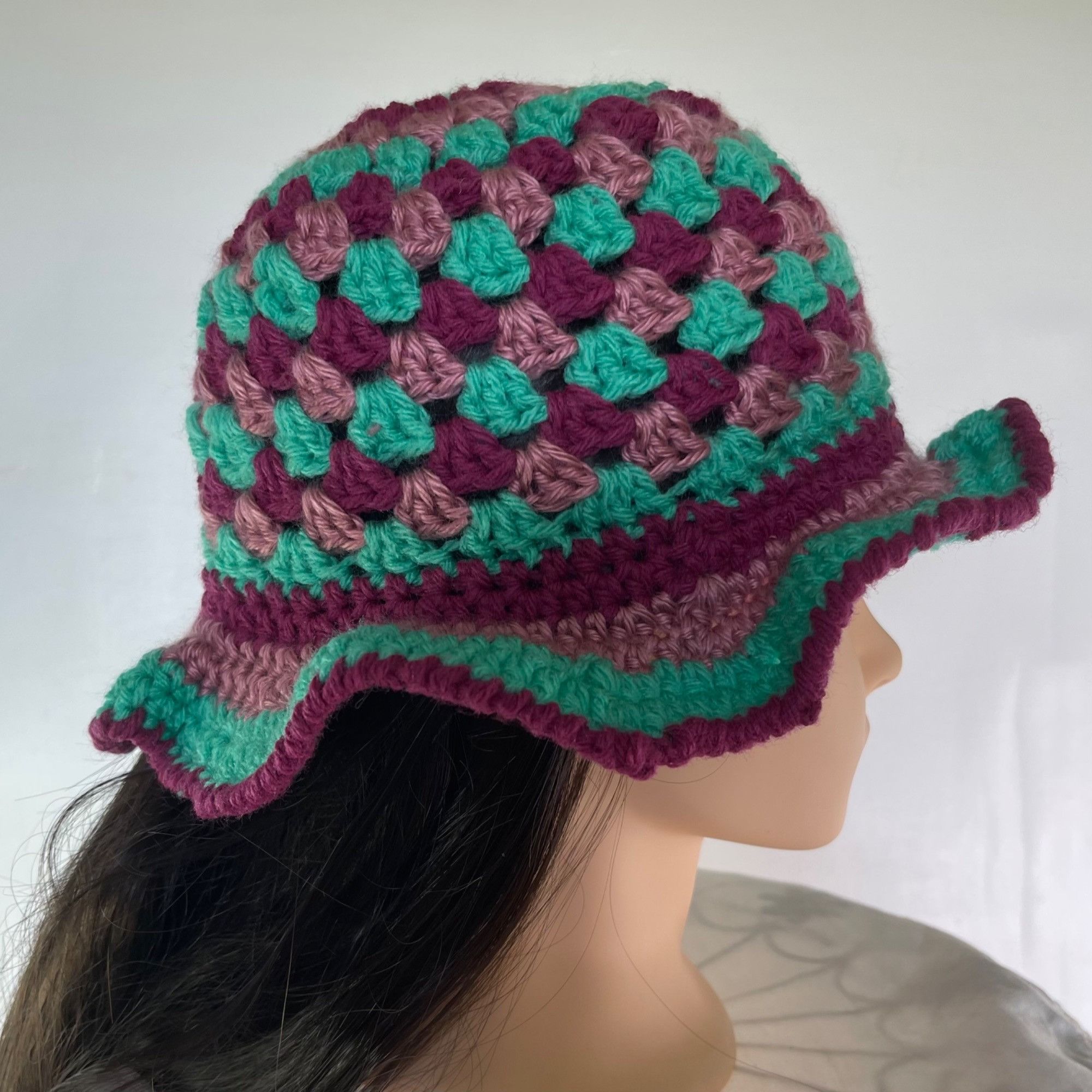 Handmade Crochet Bucket Hat Granny Square Pattern Teal and Mauve Adul Size ONE SIZE - 3 Thumbnail