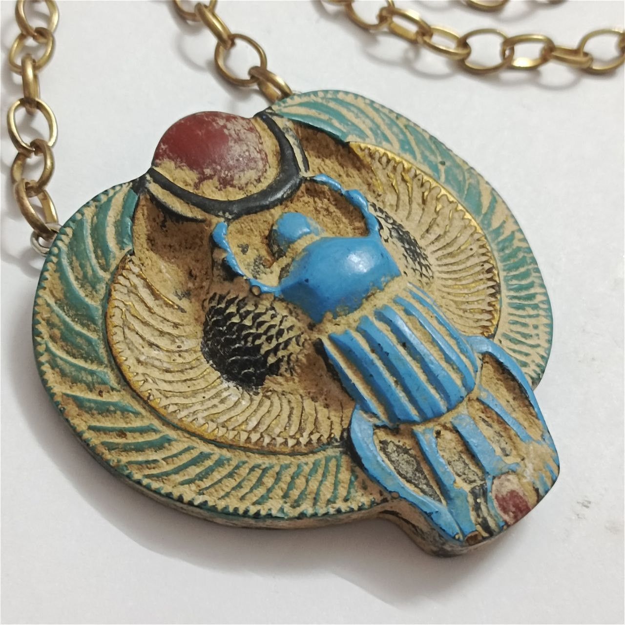 Handmade Egyptian Scarab Necklace with Wings & Red Sun