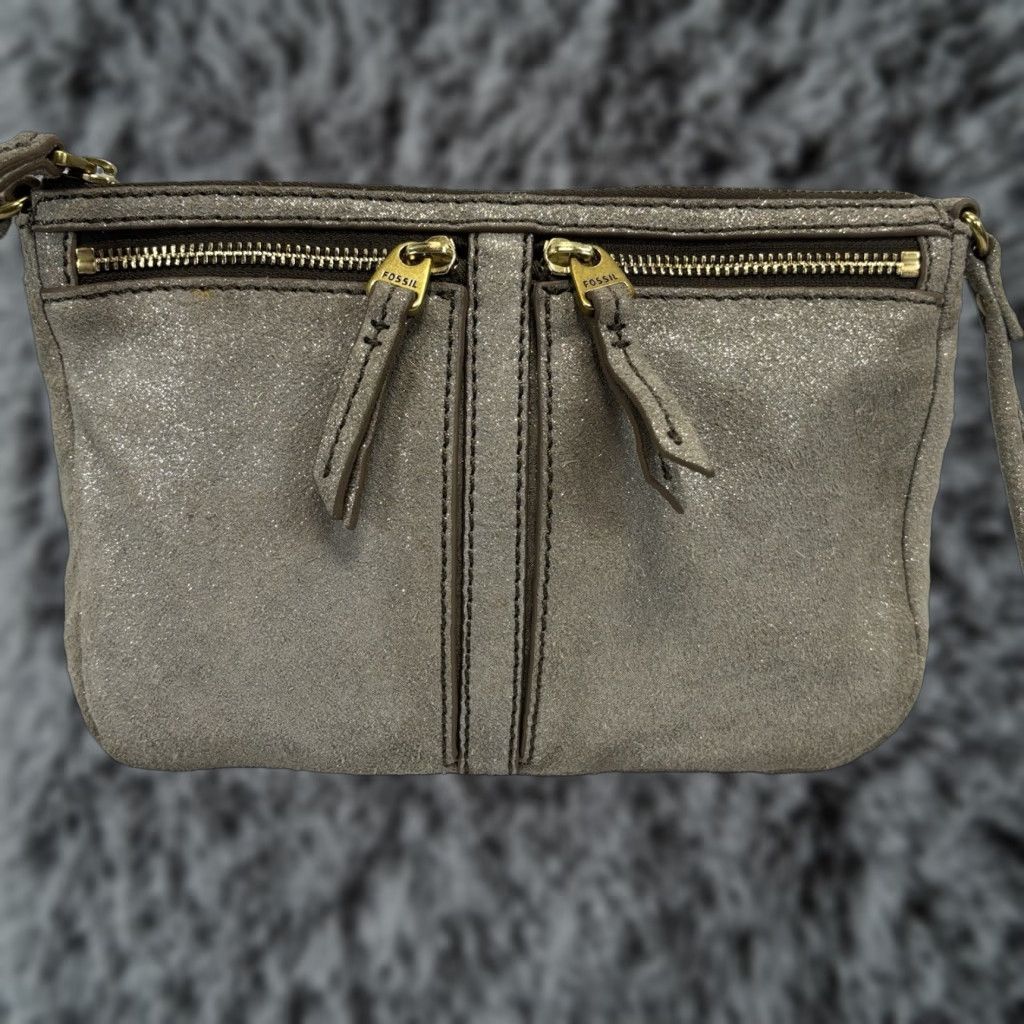 Fossil Fossil Erin Metallic Leather Small Crossbody Purse Bag Built In Card Holder Women Crossbody 21in Strap Silver Metalics/Brass Accents Size ONE SIZE - 1 Thumbnail