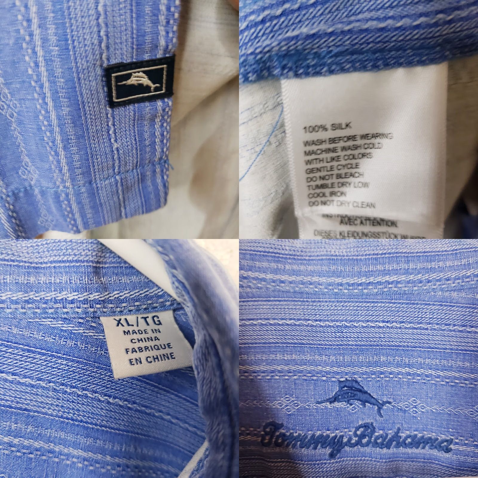 Tommy Bahama Tommy Bahama XL Blue Silk Denim Look Button-Up Shirt Striped Short Sleeve Embroidered Pocket Vintage Not Required Mens Casual Beach Coastal 90s Theme Size US XL / EU 56 / 4 - 9 Thumbnail