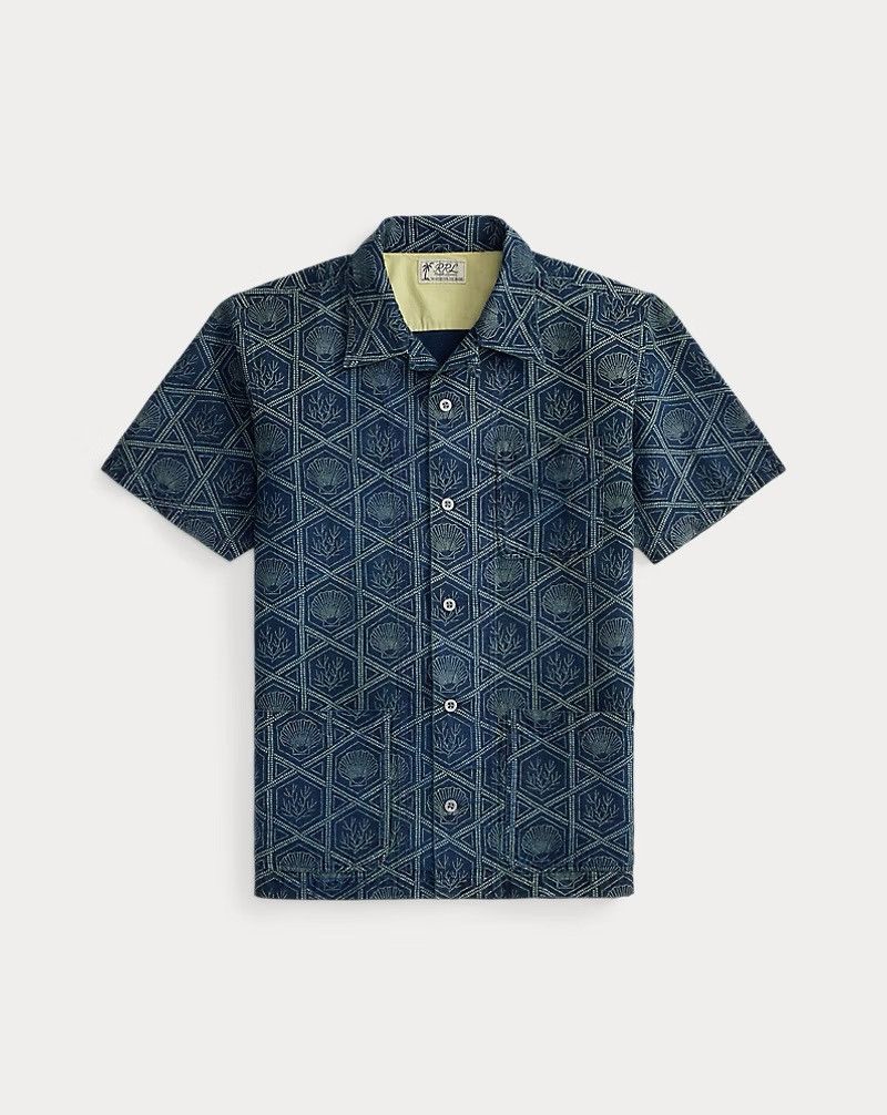 RRL Ralph Lauren Indigo Shell-Print Linen-Cotton Shirt Size US XL / EU 56 / 4 - 1 Thumbnail