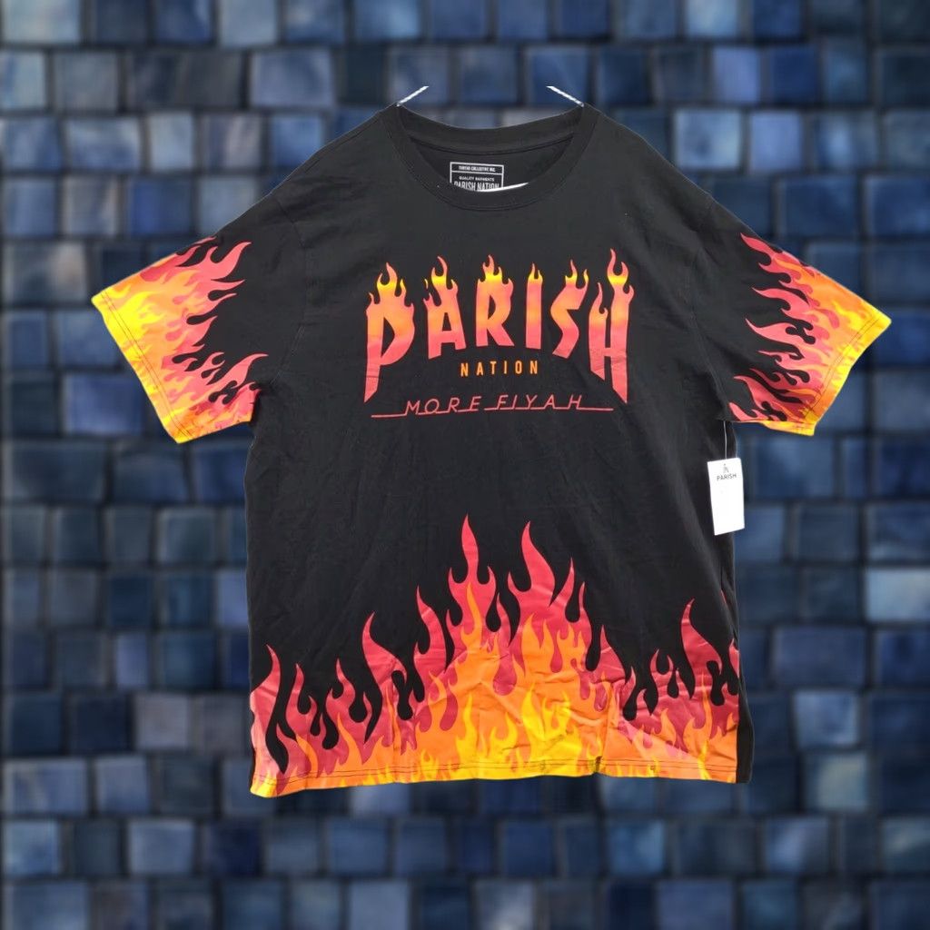 Vintage Parish Nation Men’s Red Flames Health Wealth and Wisdom Shirt 3XL Black Cotton Crew Neck Short Sleeve Pullover Vinyl Trim Flames Shirt Mens Size US XXL / EU 58 / 5 - 1 Thumbnail