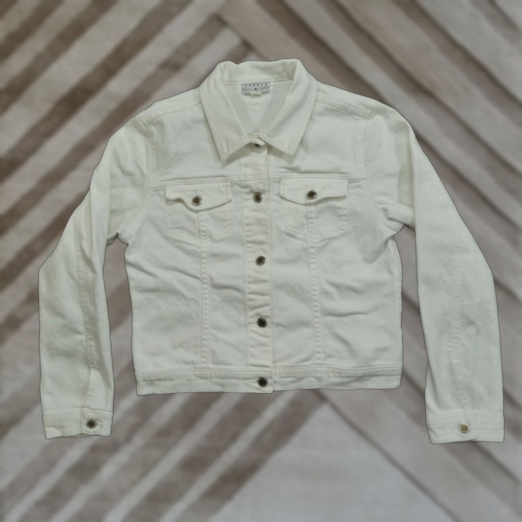 Denime VINTAGE Lawman Denim Jacket Womens M White Stretch 90s Long Sleeve Trucker Casual Basic Jacket Size 32" / US 10 / IT 46 - 1 Thumbnail