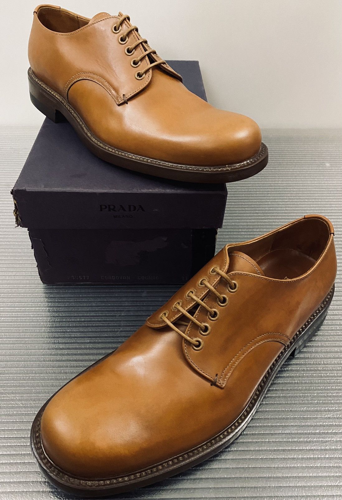 Prada Prada 🇮🇹 cognac cordovan leather triple sole derby 12 NEW Size US 12 / EU 45 - 9 Thumbnail