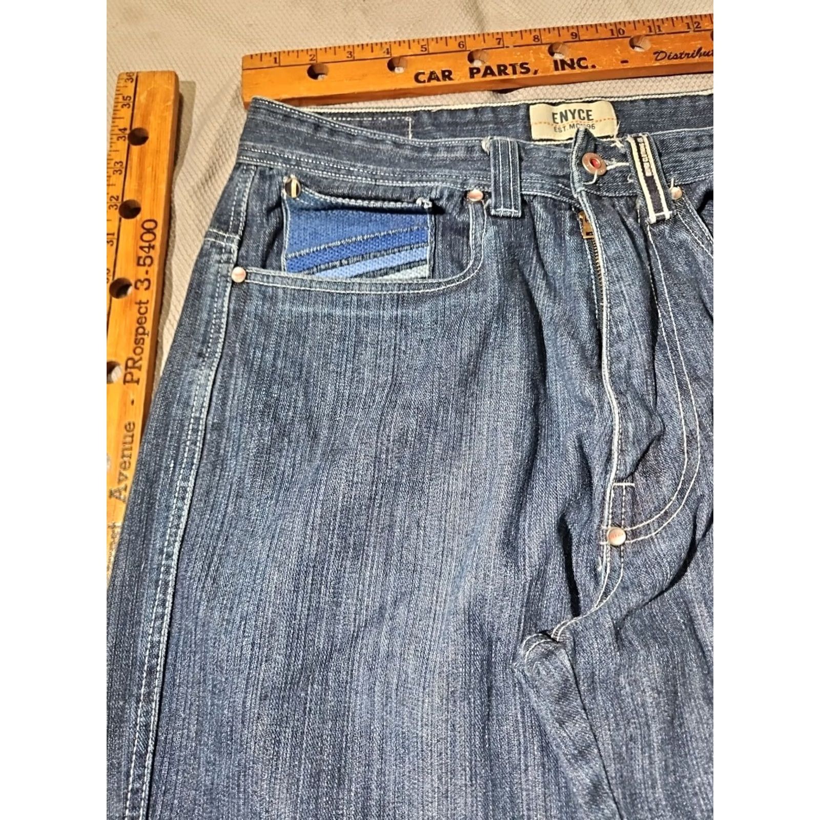 Enyce VINTAGE Enyce Jeans Mens 32 Blue Denim Baggy Embroidered Y2K Wide-Leg 2000s Pants Hip Hop Mens 32 Denim Jeans Size US 32 / EU 48 - 4 Thumbnail
